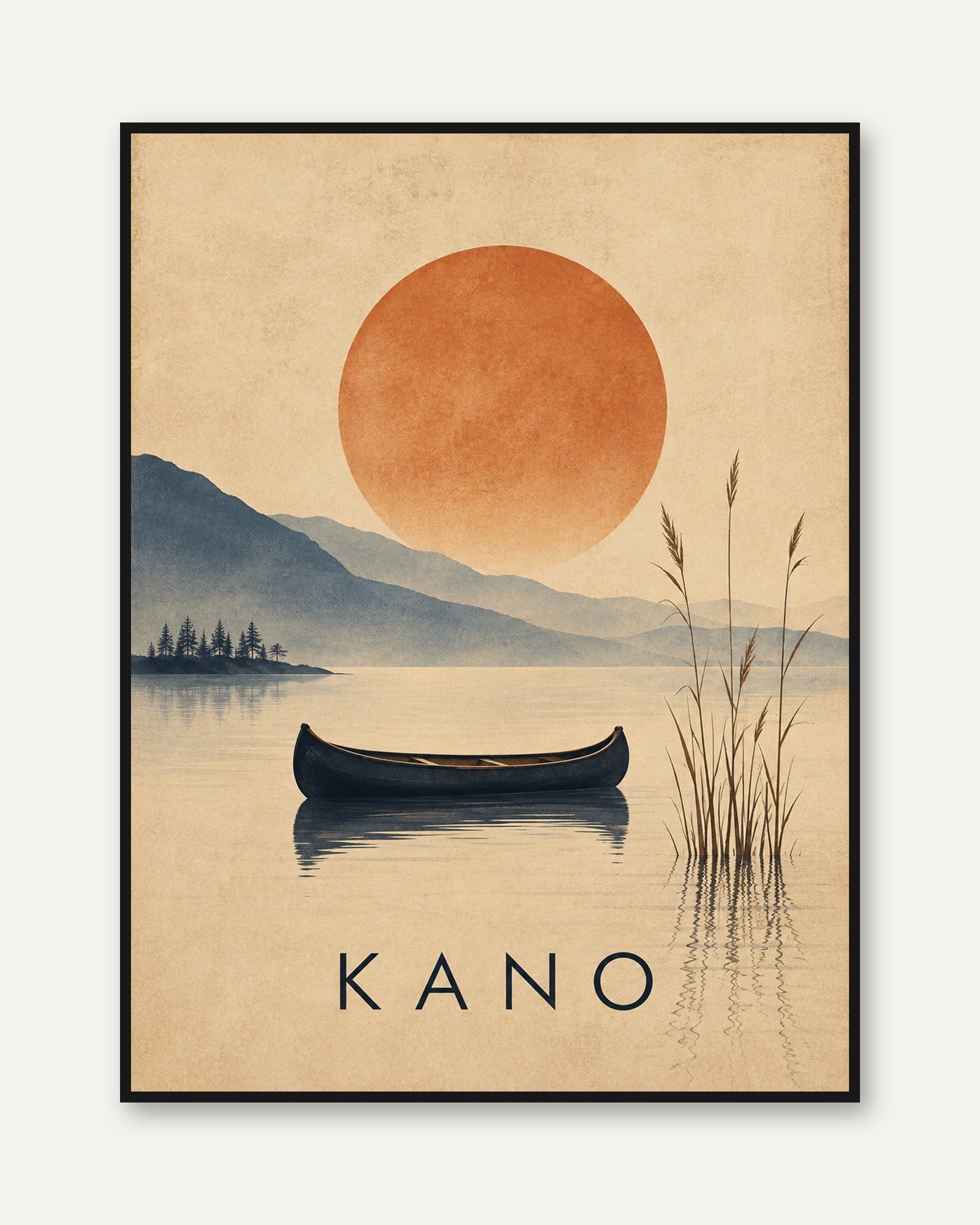 Kano Lake Canoe Poster: Minimalist Sunset Landscape Art - framed