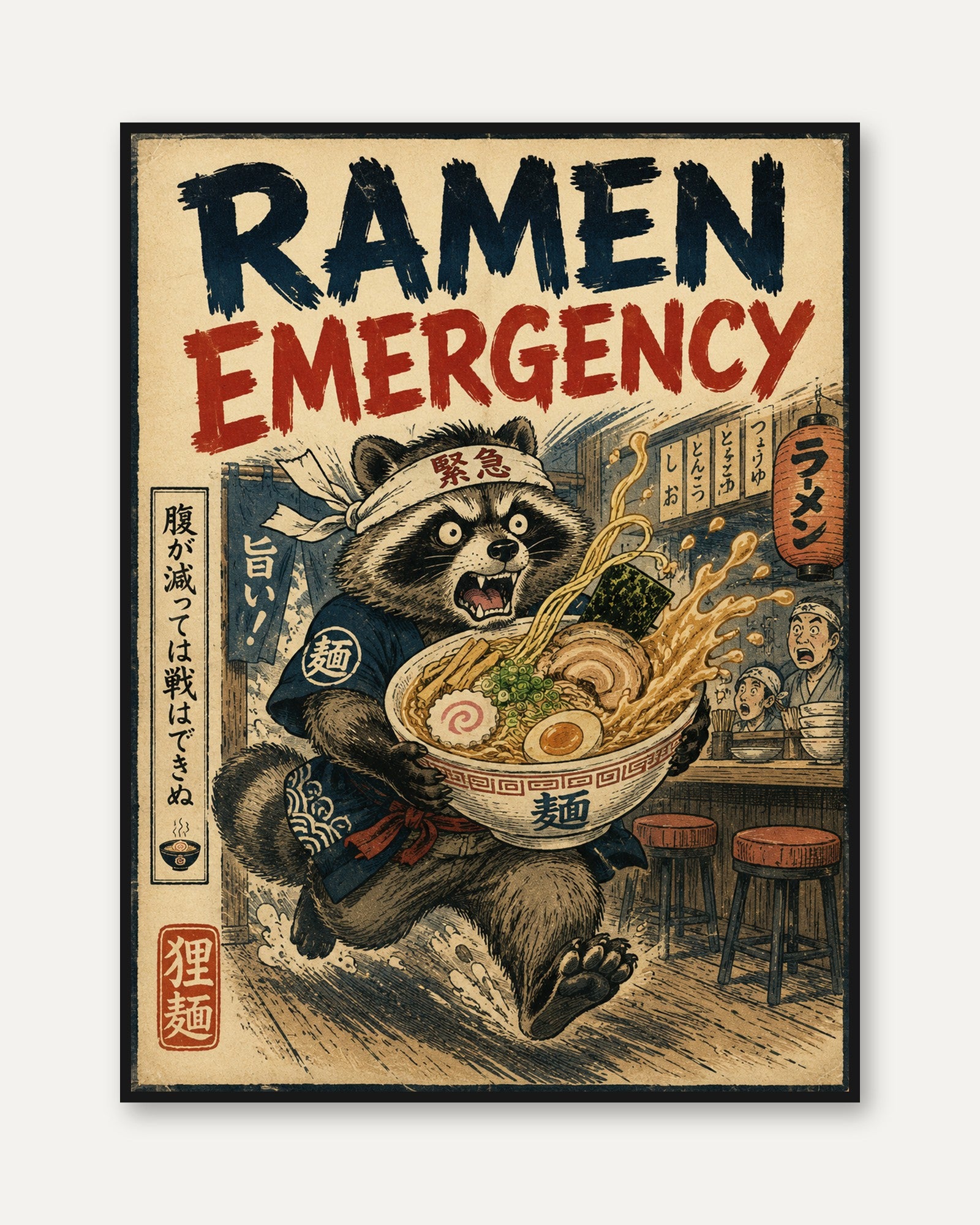 Ramen Emergency Raccoon Art Print: Vintage Japanese Poster Style - framed