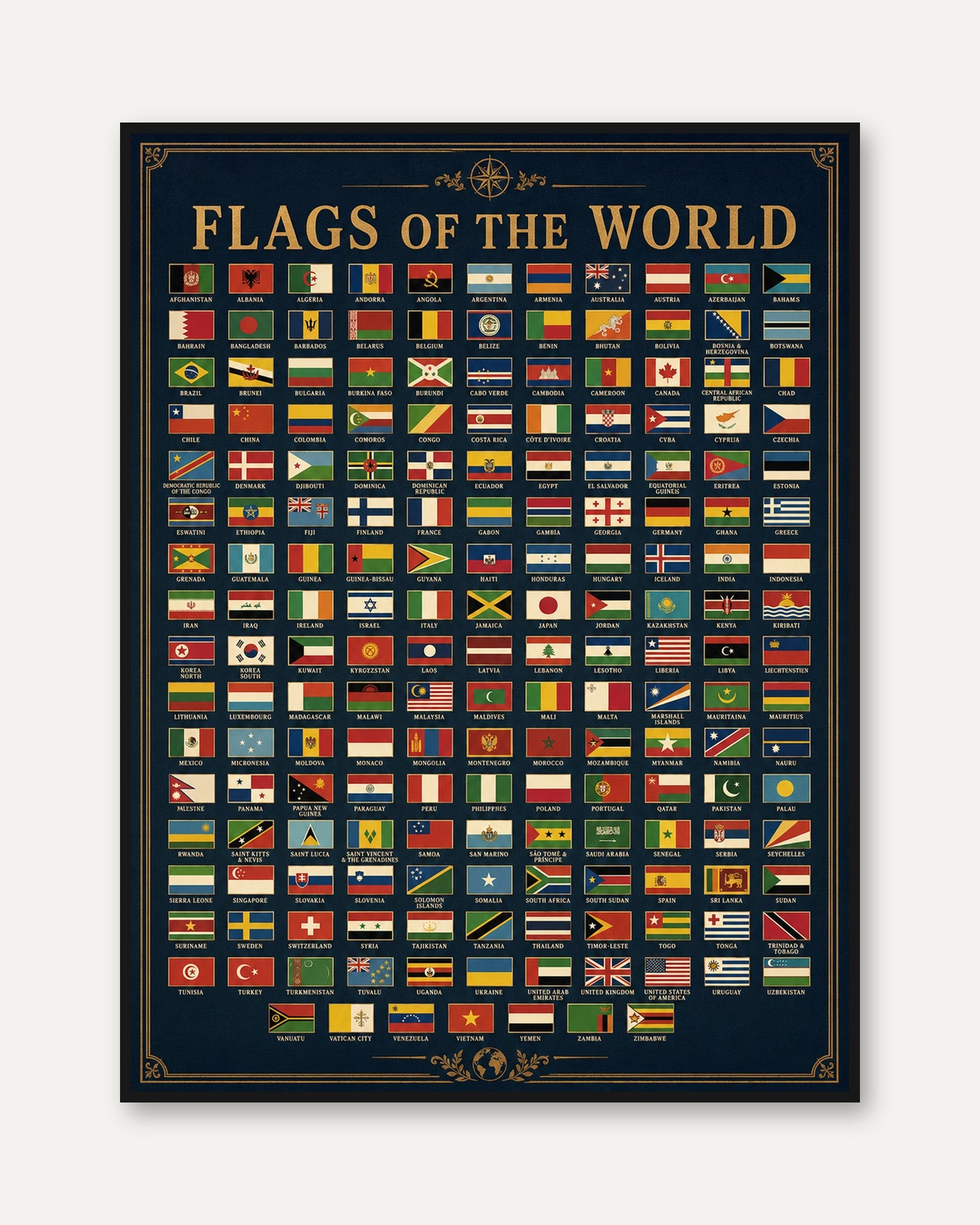 Flags of the World Poster: Vintage Educational Chart Art Print - framed