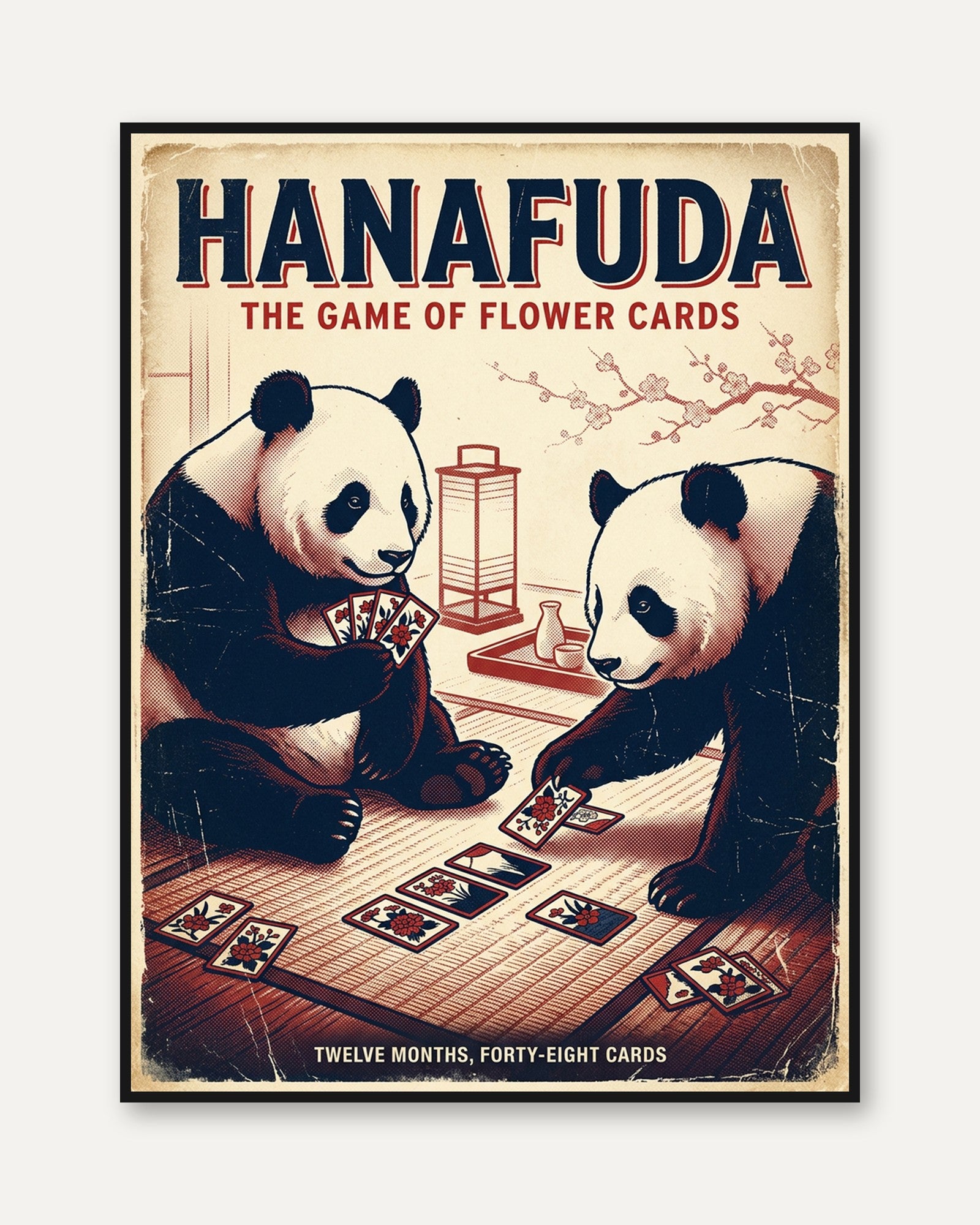 Hanafuda Pandas Art Print: Vintage Japanese Card Game Poster - framed