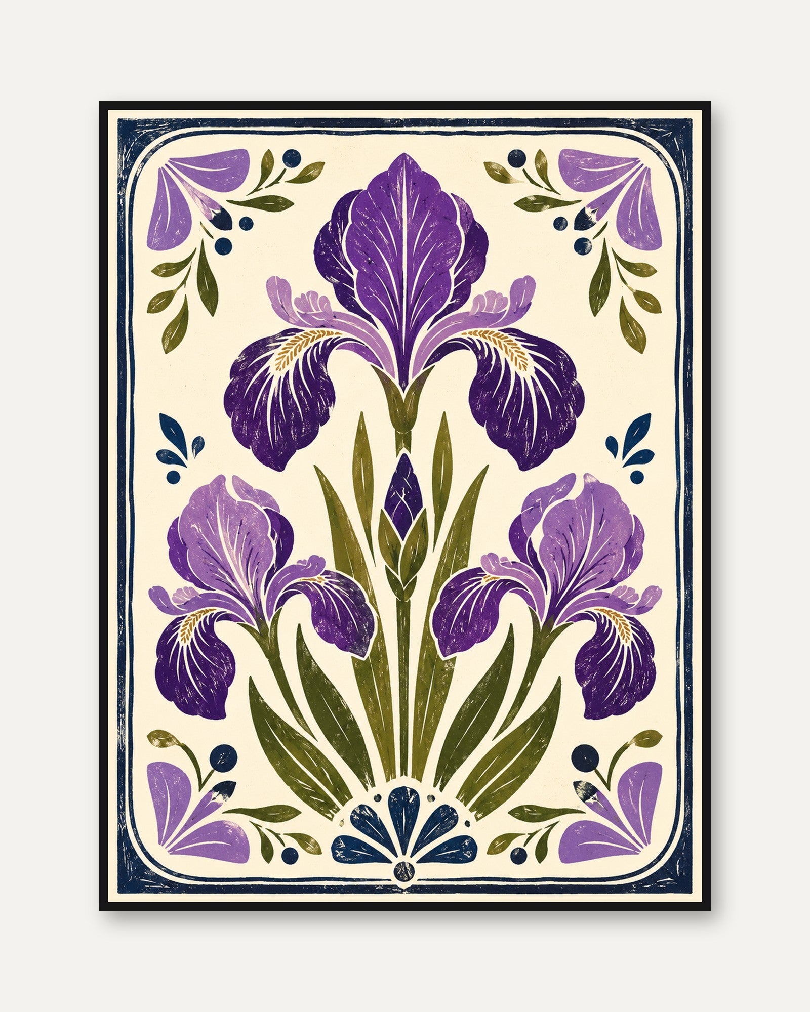 Iris Flower Wall Art – Folk Art Botanical Print - framed