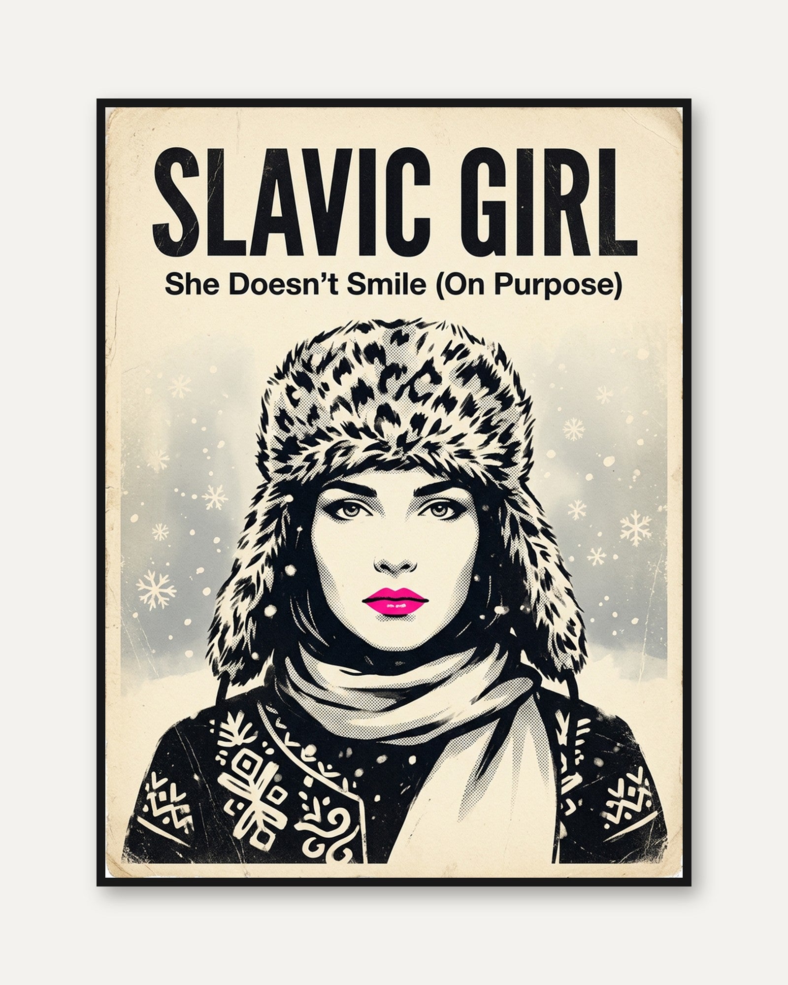 Slavic Girl Winter Portrait: Vintage Propaganda Style Art Print - framed