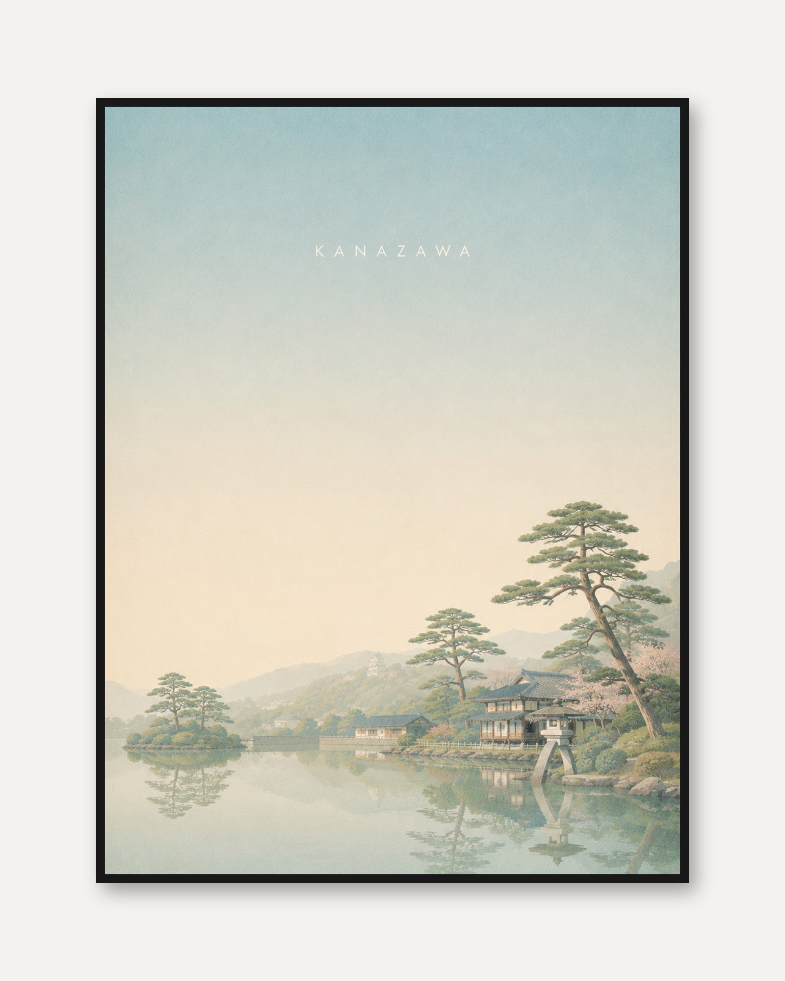 Kanazawa Japan Travel Poster: Serene Lake Landscape Wall Art - framed