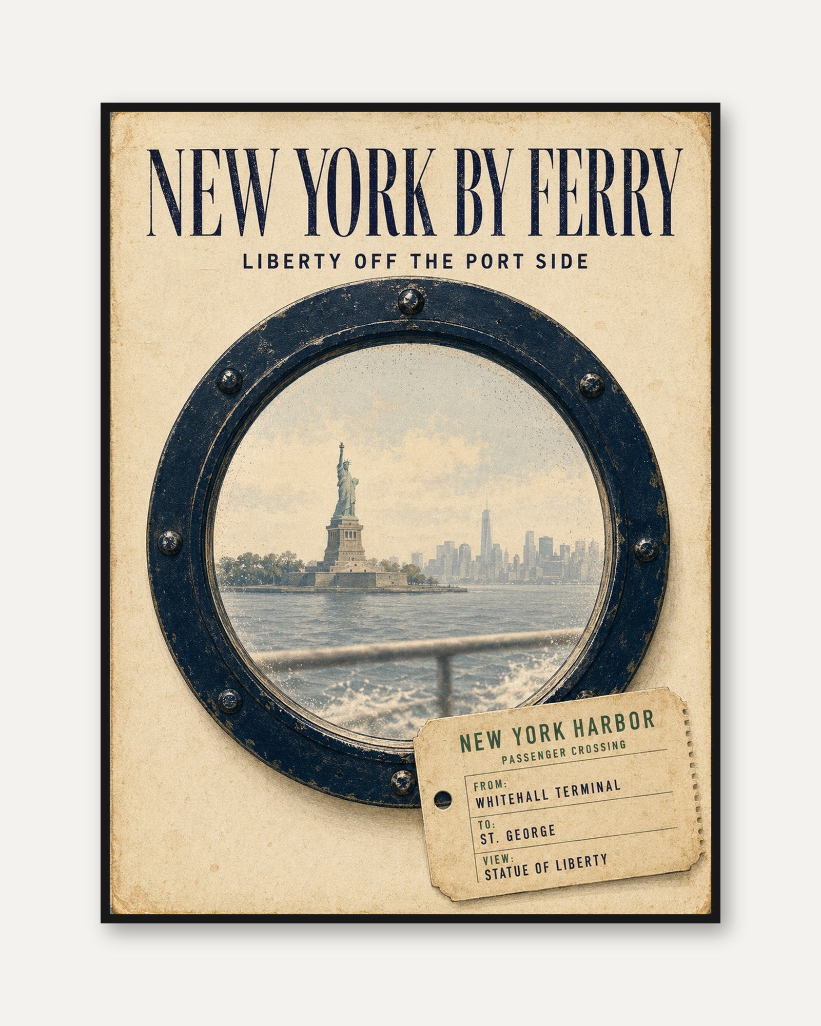 New York Ferry Poster – Vintage Travel Print - framed