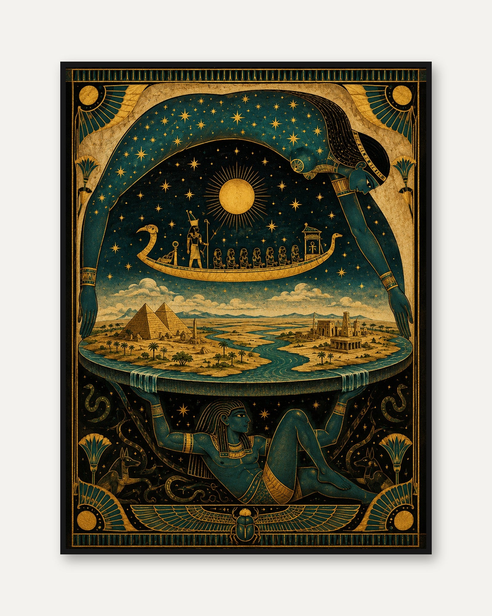 Egyptian Mythology Art Print: Art Deco Celestial Goddess Design - framed