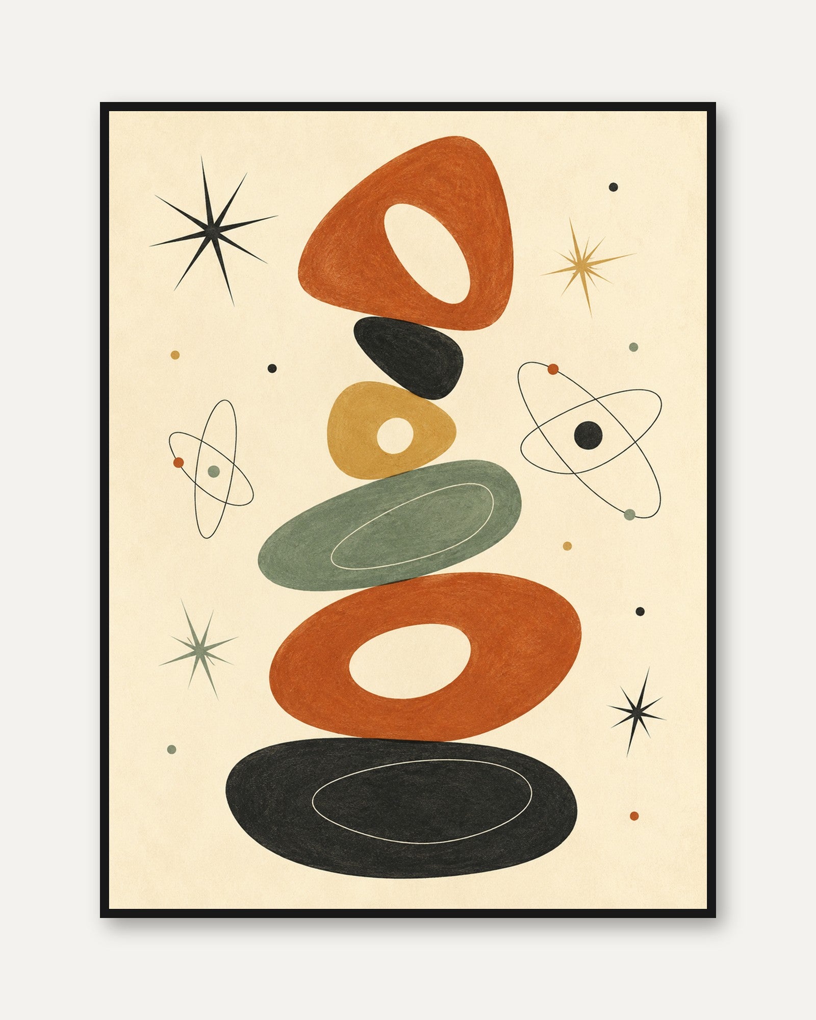 Mid-Century Modern Atomic Balance Print: Retro Geometric Art - framed