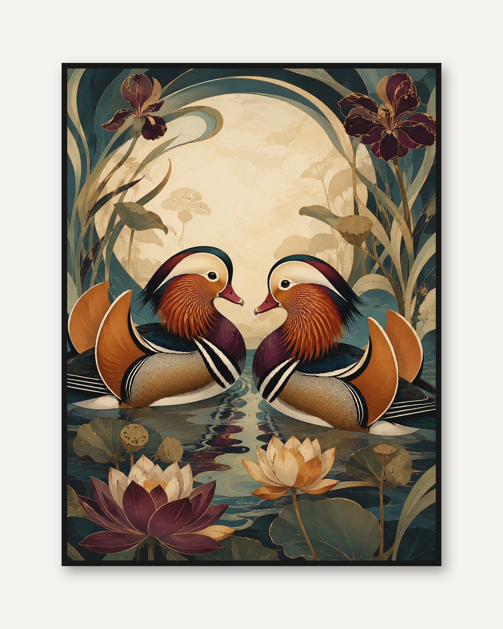 Mandarin Duck Wall Art – Art Nouveau Bird Print - framed