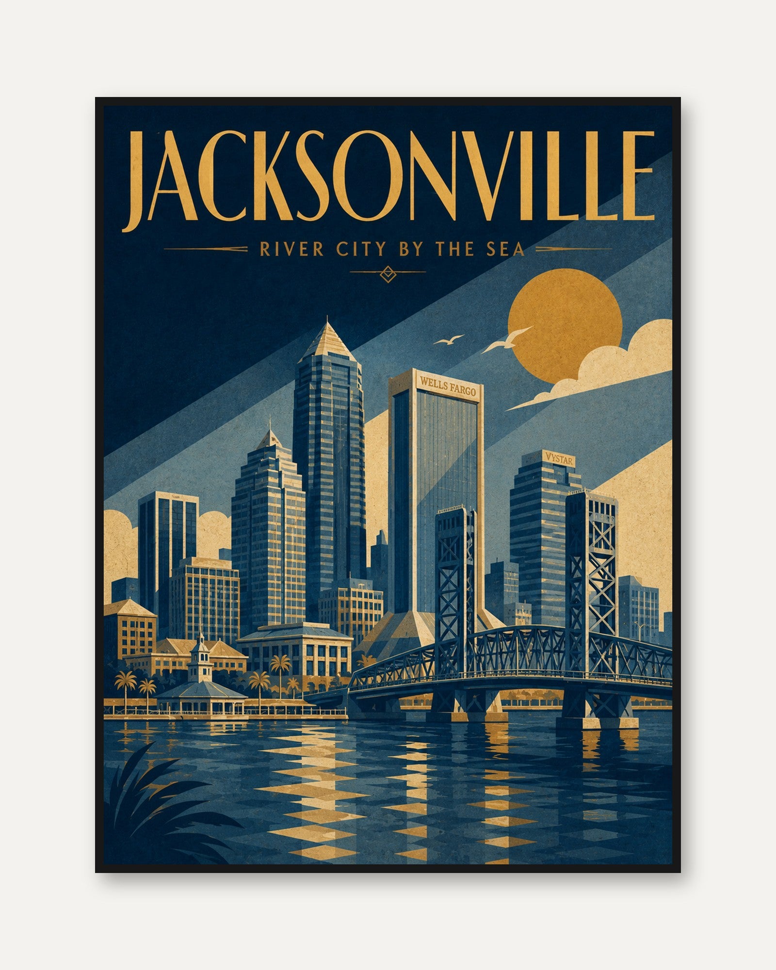 Jacksonville Skyline Poster: Art Deco Travel Print in Blue and Gold - framed