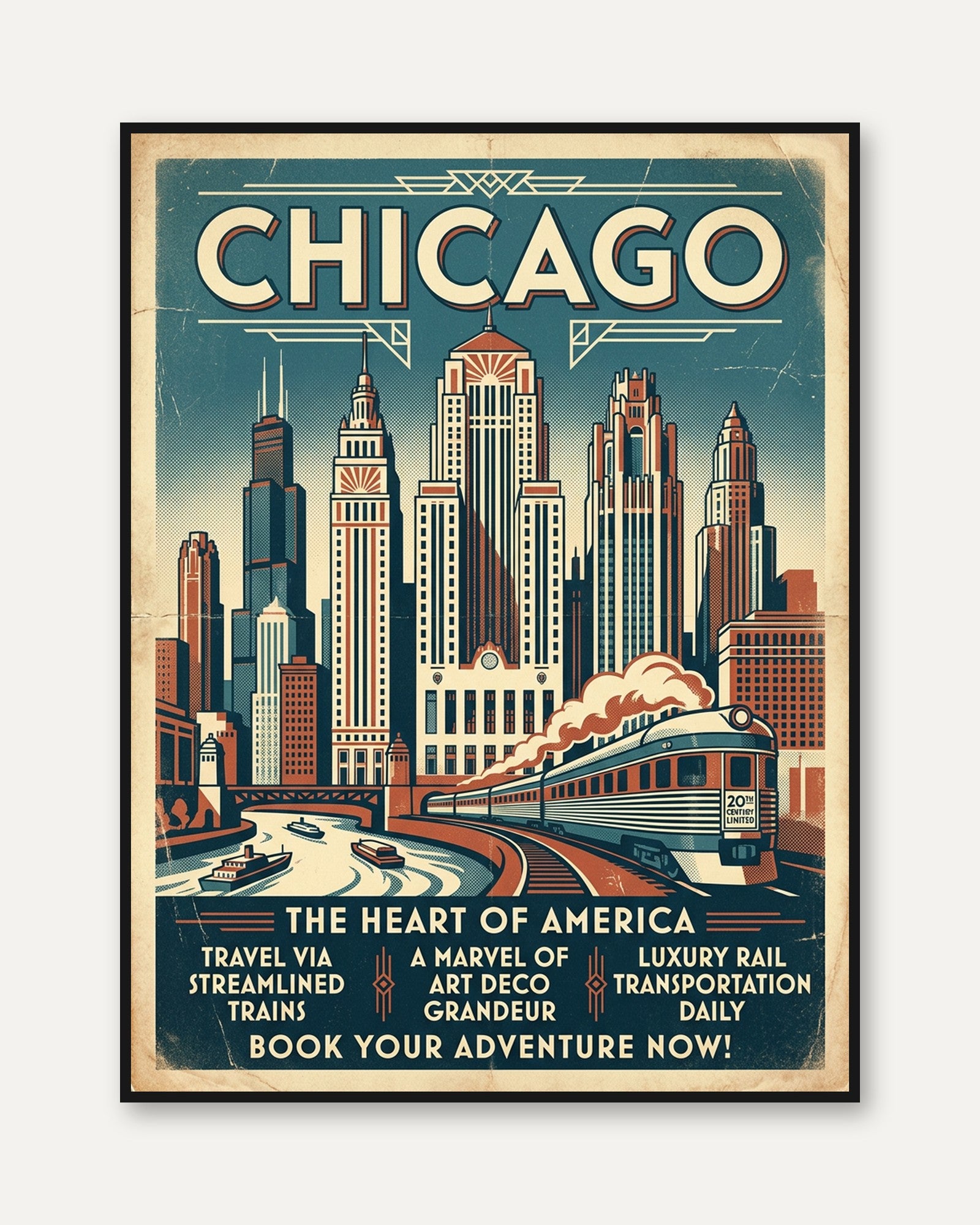 Chicago Art Deco Travel Poster — Vintage Railway Print - framed