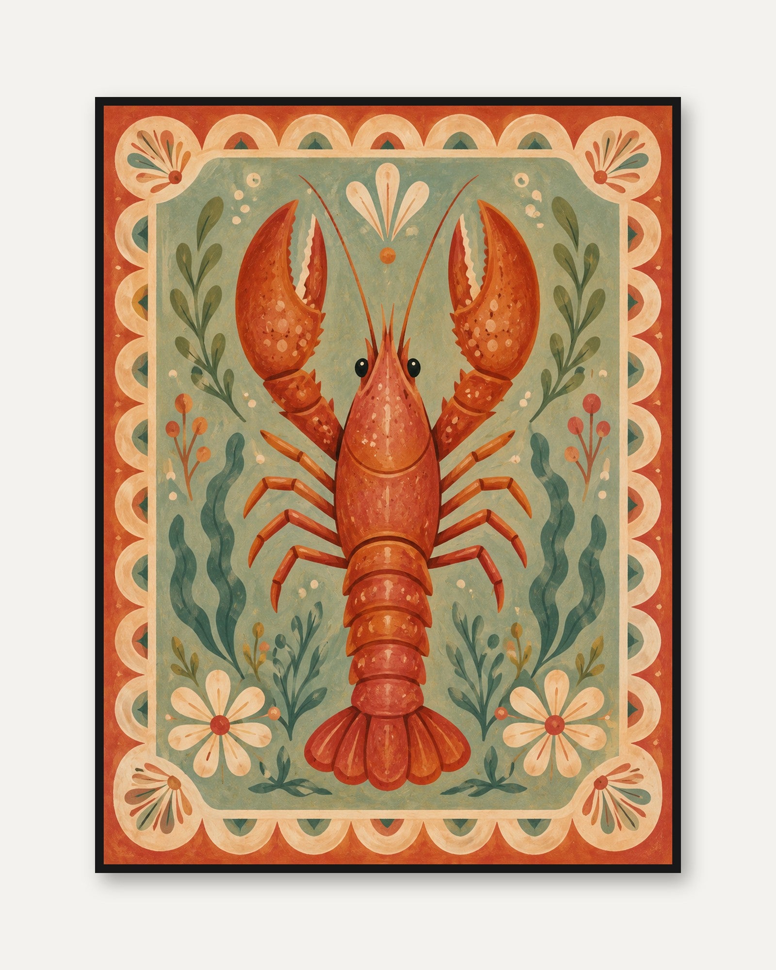 Folk Art Lobster Print – Vintage Coastal Wall Art - framed