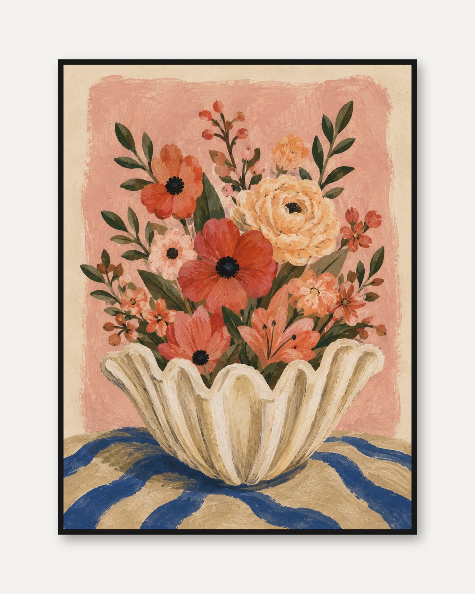 Floral Vase Wall Art – Folk Art Botanical Print - framed