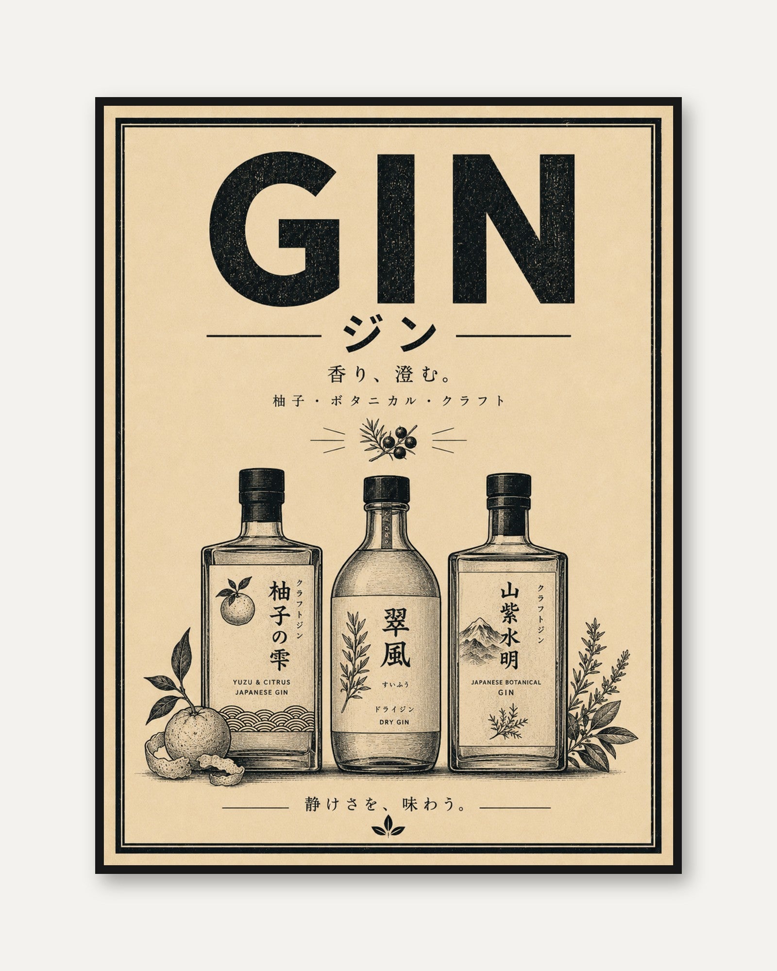 Japanese Gin Print: Retro Botanical Wall Art (A4 and Larger Sizes) - framed