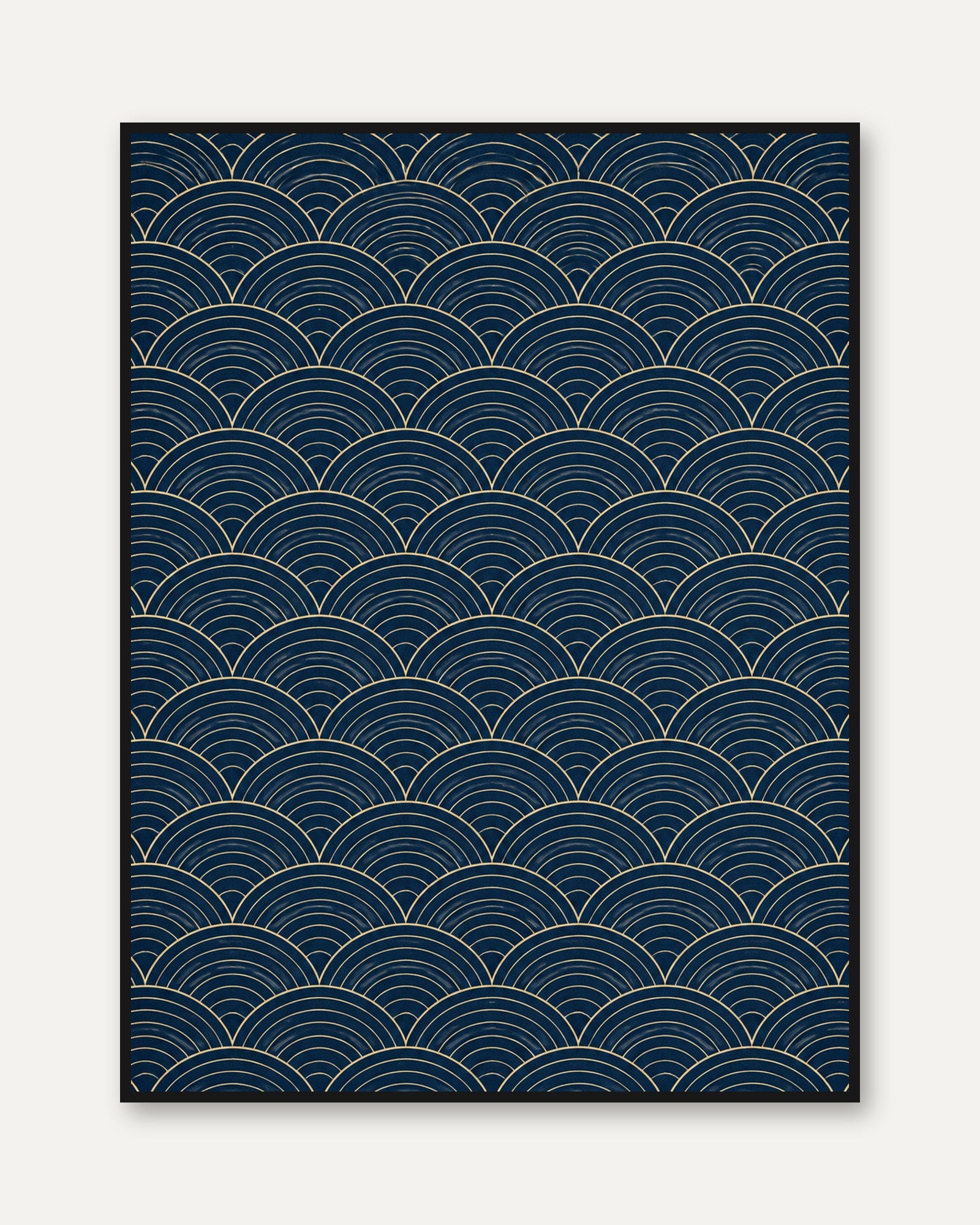 Wave Pattern Print: Japanese Seigaiha Design (Navy Blue & Gold) - framed