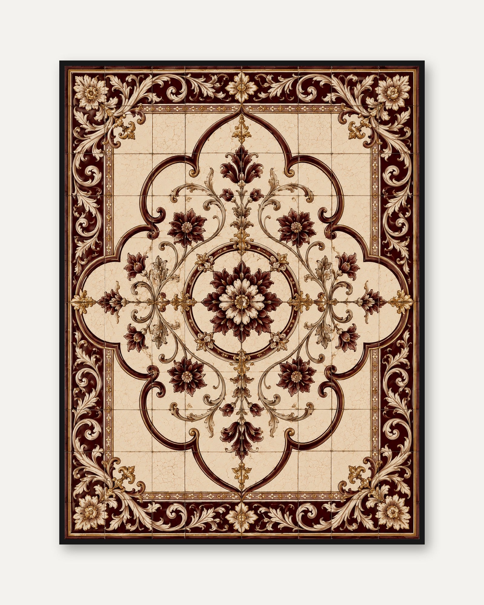 Baroque Floral Medallion Art Print: Ornate Brown and Gold Design - framed
