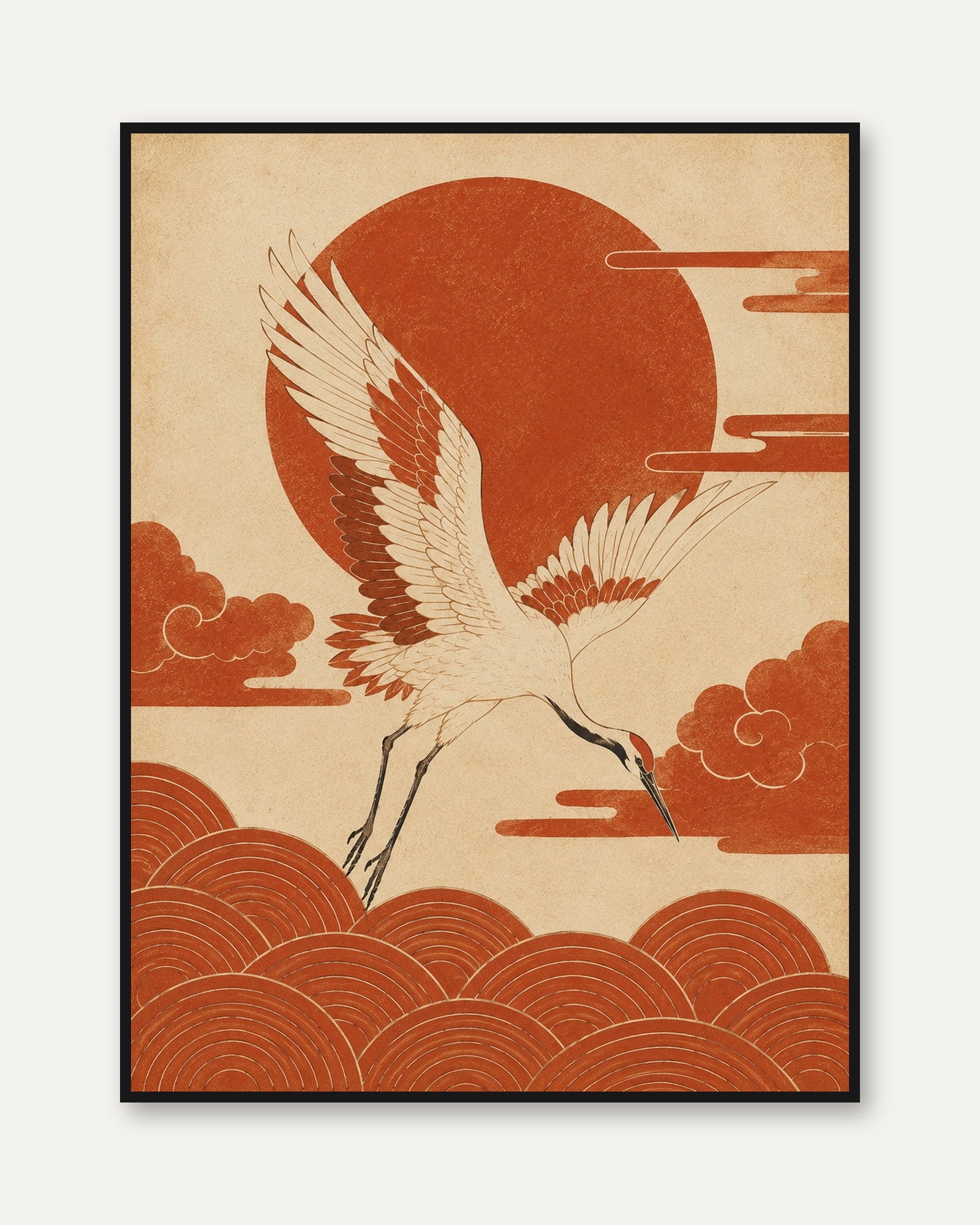 Crane Wall Art Print: Vintage Red Sun Motif - framed