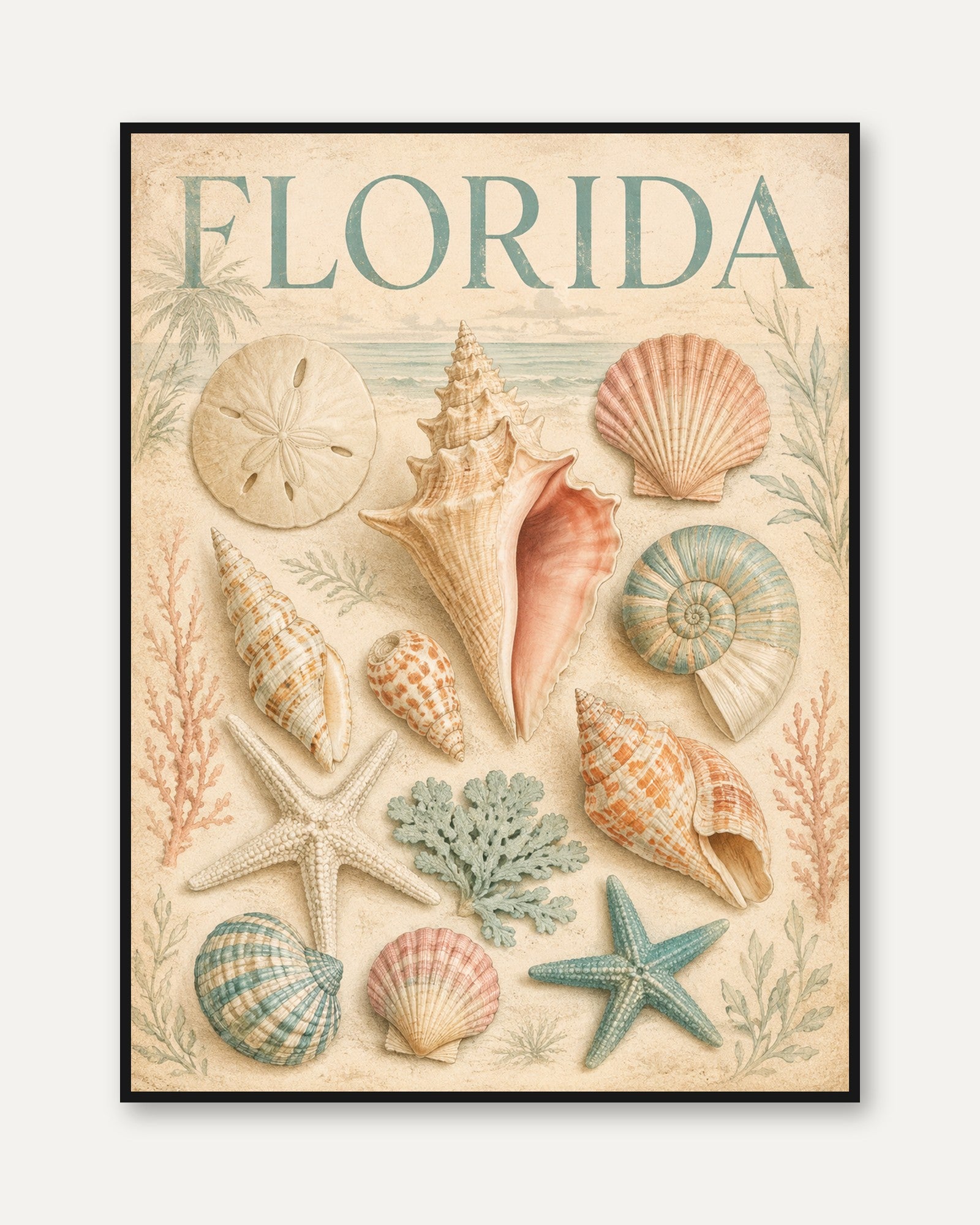 Florida Travel Poster – Coastal Seashell Wall Art - framed