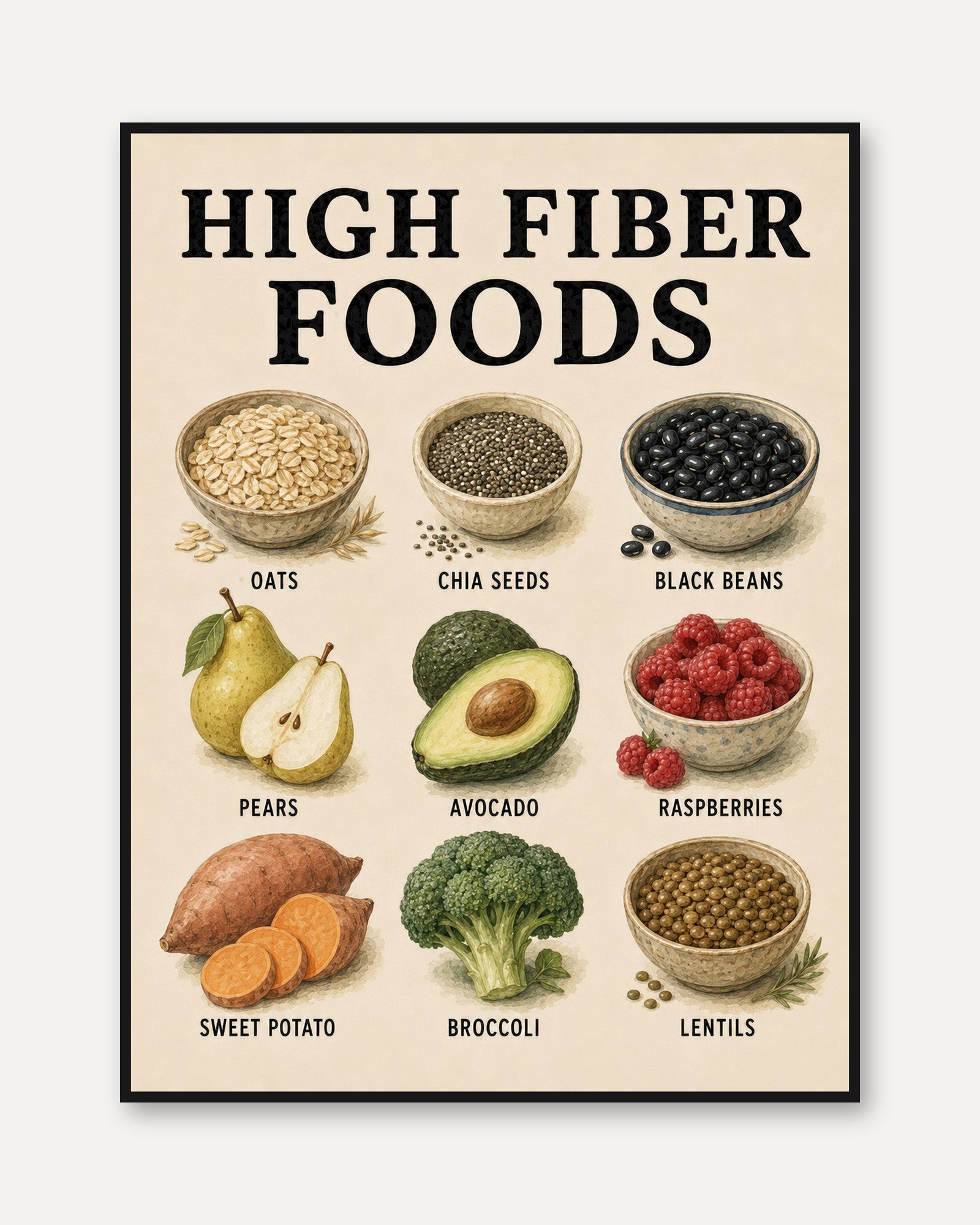 High Fiber Foods Poster – Kitchen Wall Art - framed