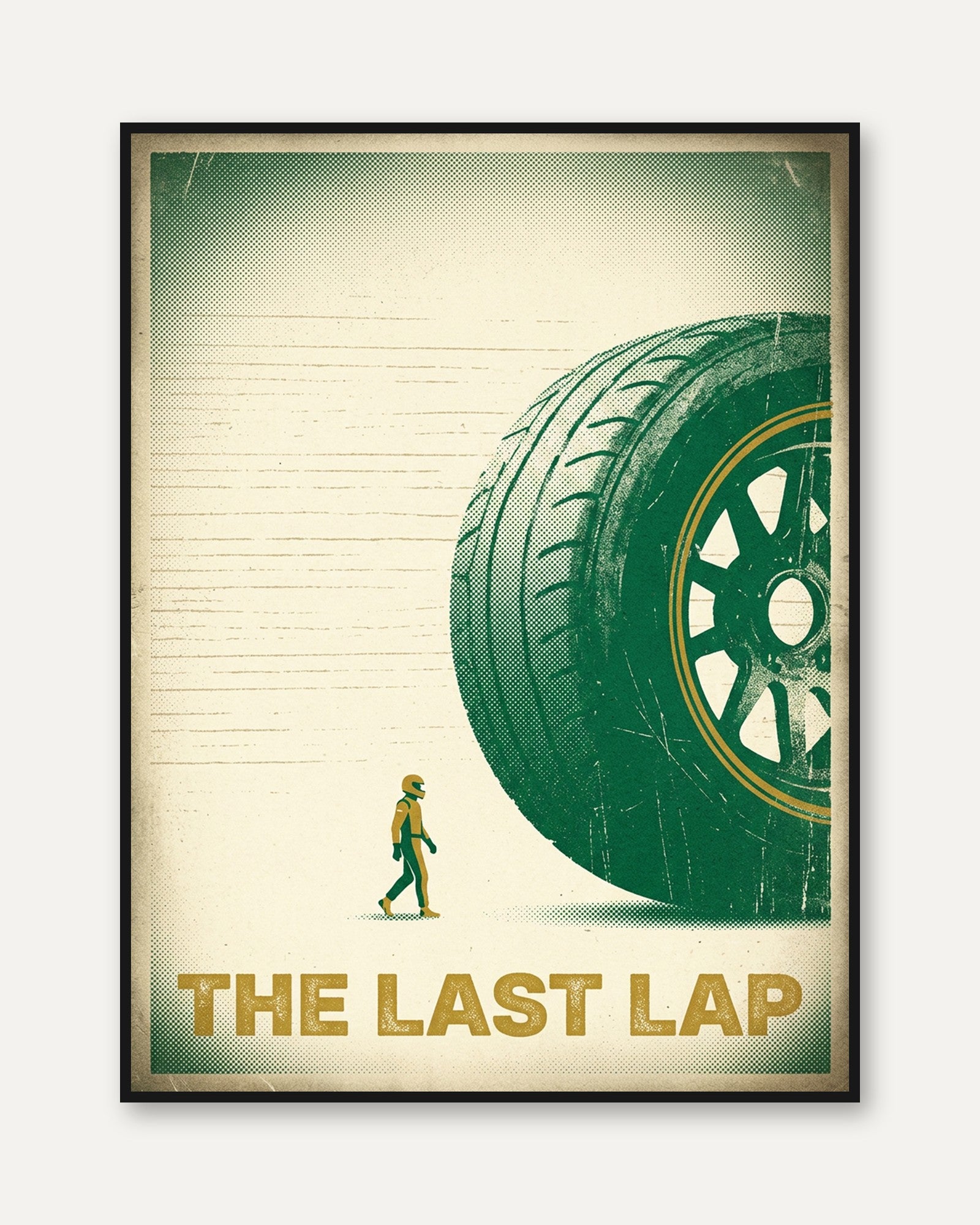 The Last Lap: Vintage Racing Poster Art Print Green and Gold - framed