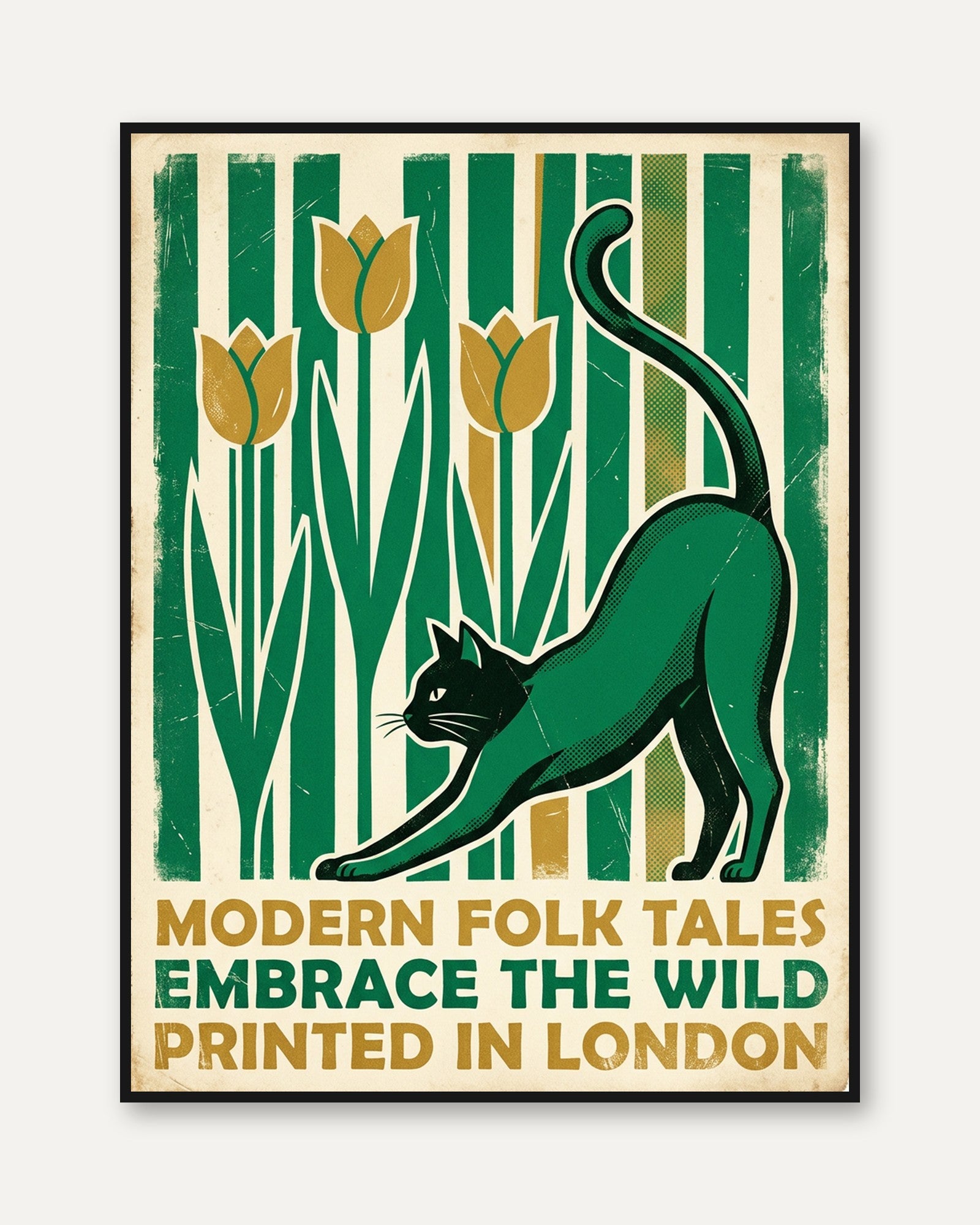 Art Deco Cat and Tulips Print: Green and Gold Vintage Design - framed