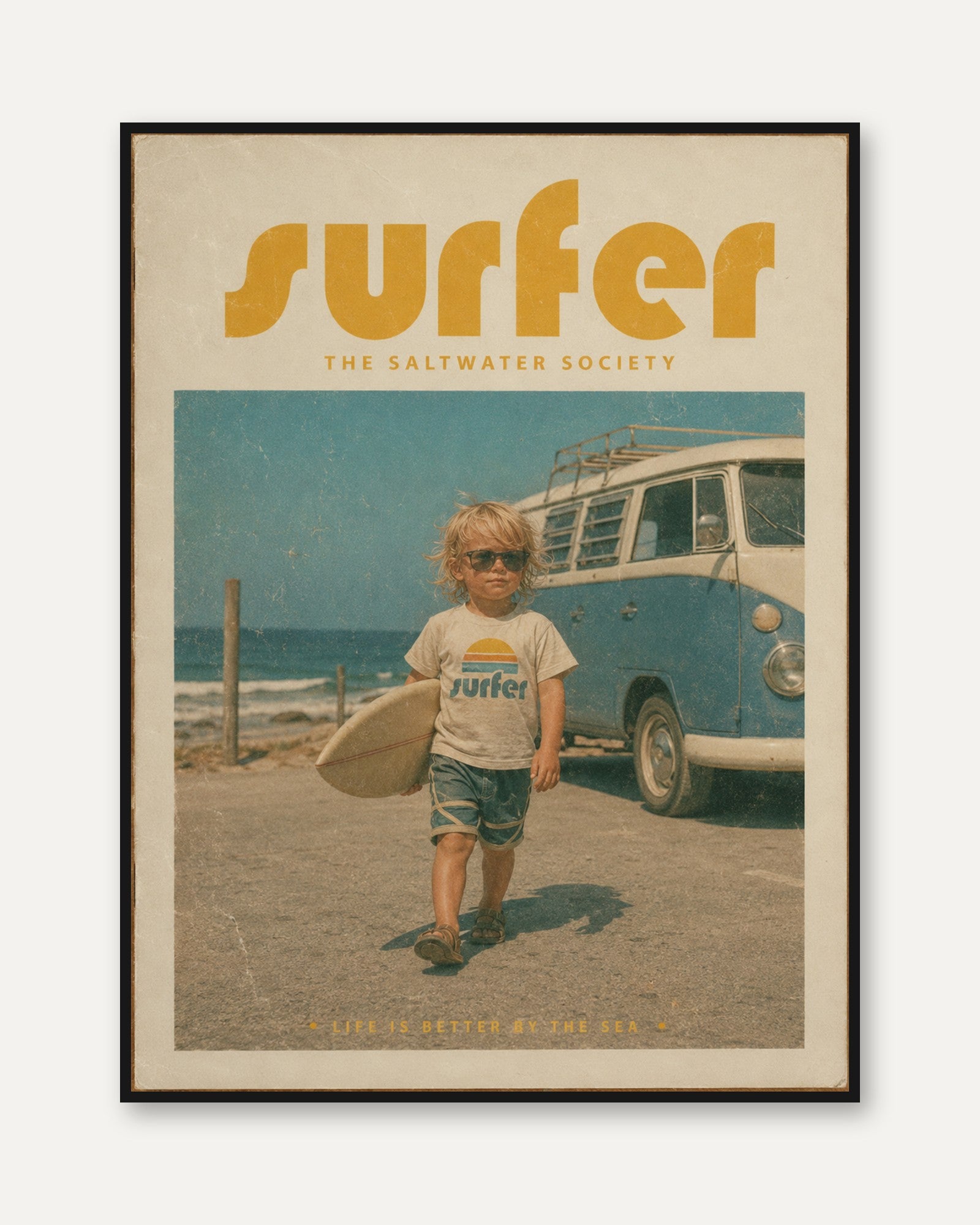Retro Surfer Kid Poster: Vintage Beach Van Wall Art - framed