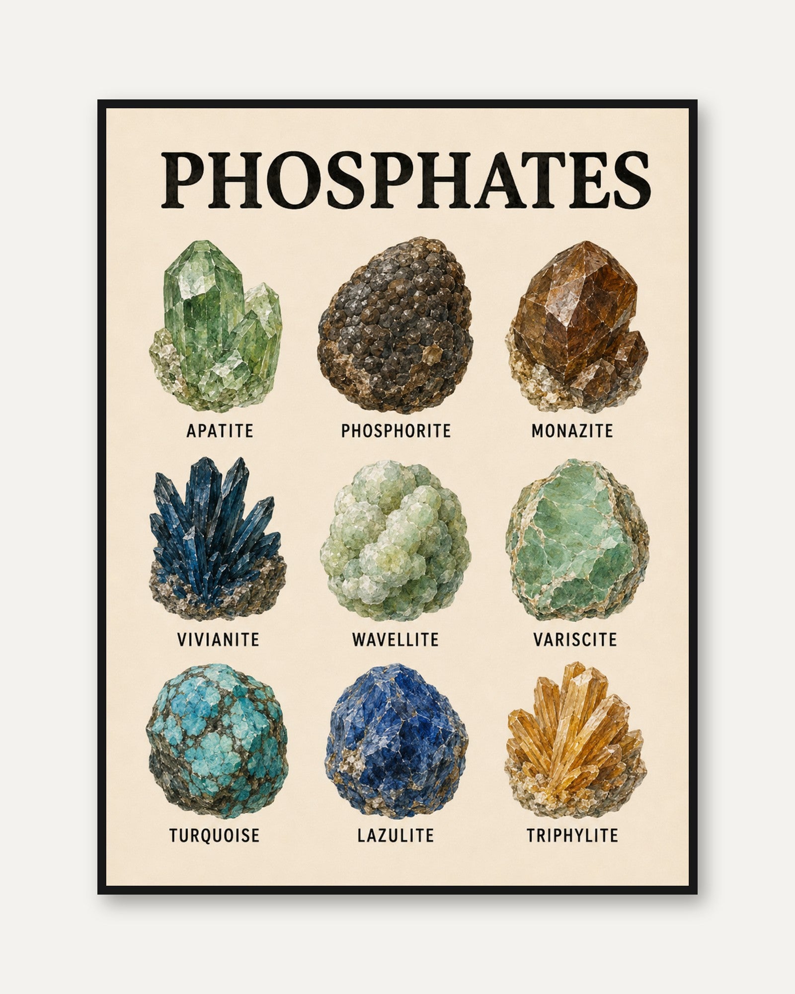 Phosphate Minerals Art Print: Vintage Scientific Illustration - framed