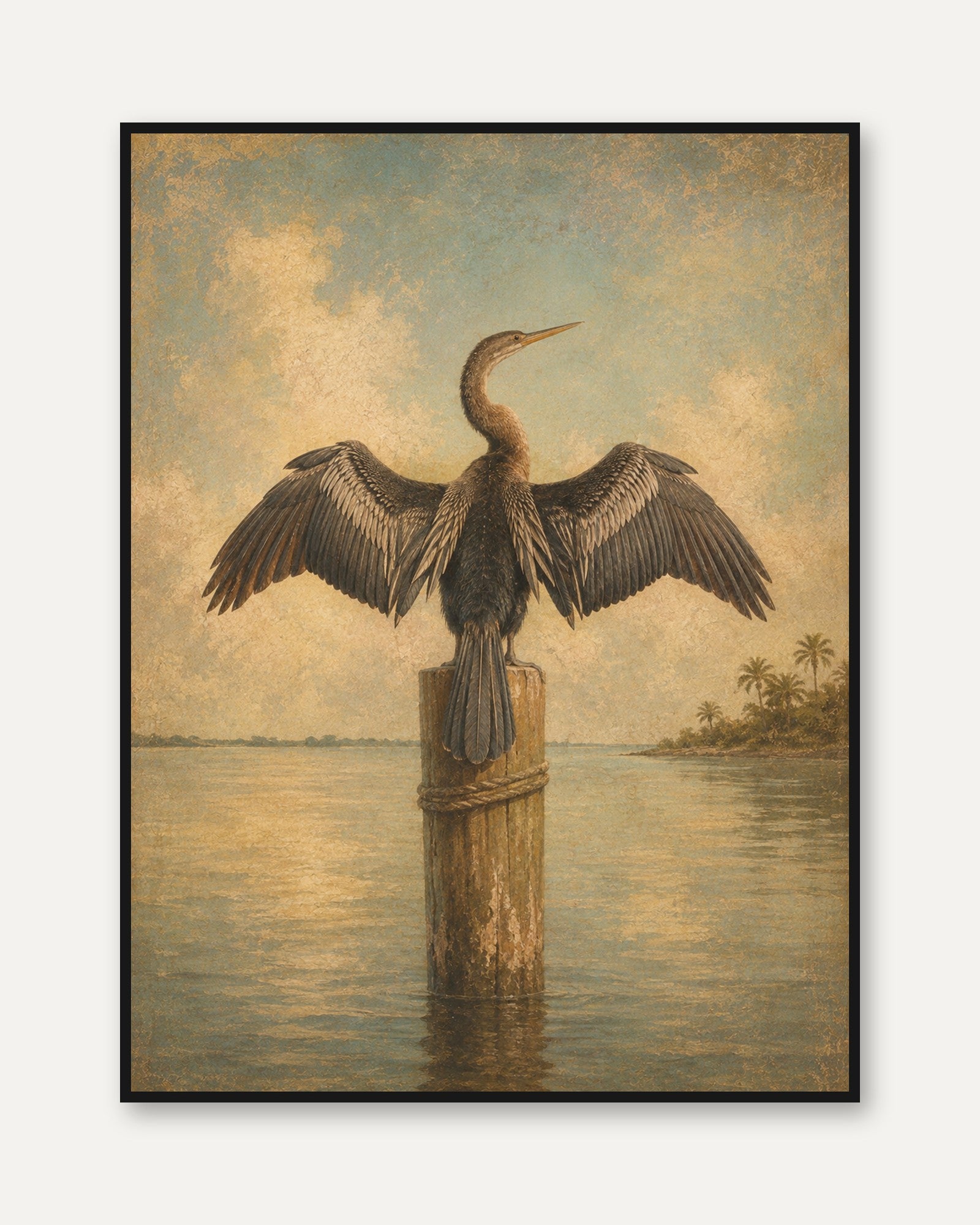 Vintage Bird Wall Art – Coastal Anhinga Print - framed