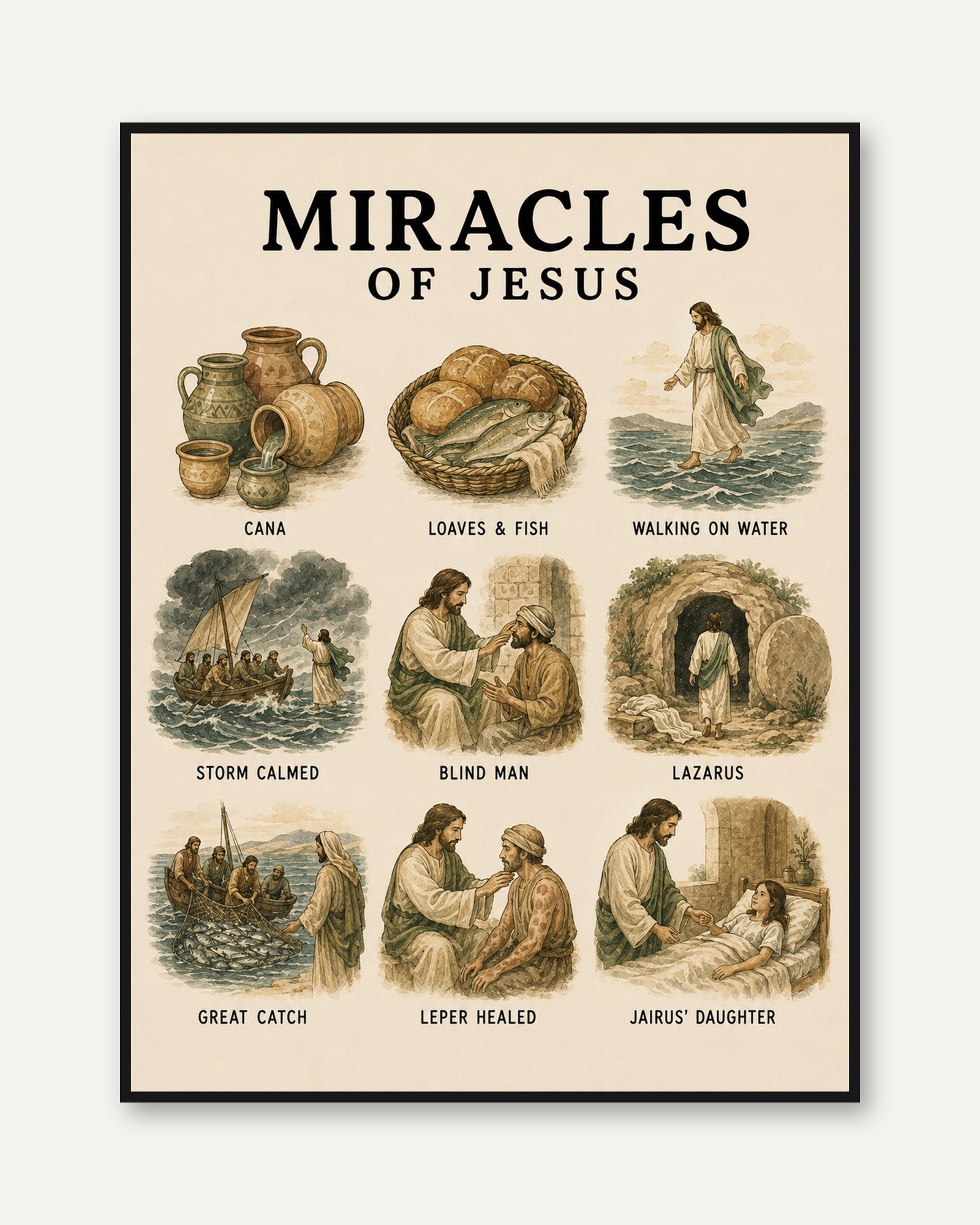 Miracles of Jesus Poster: Vintage Biblical Illustration Art - framed