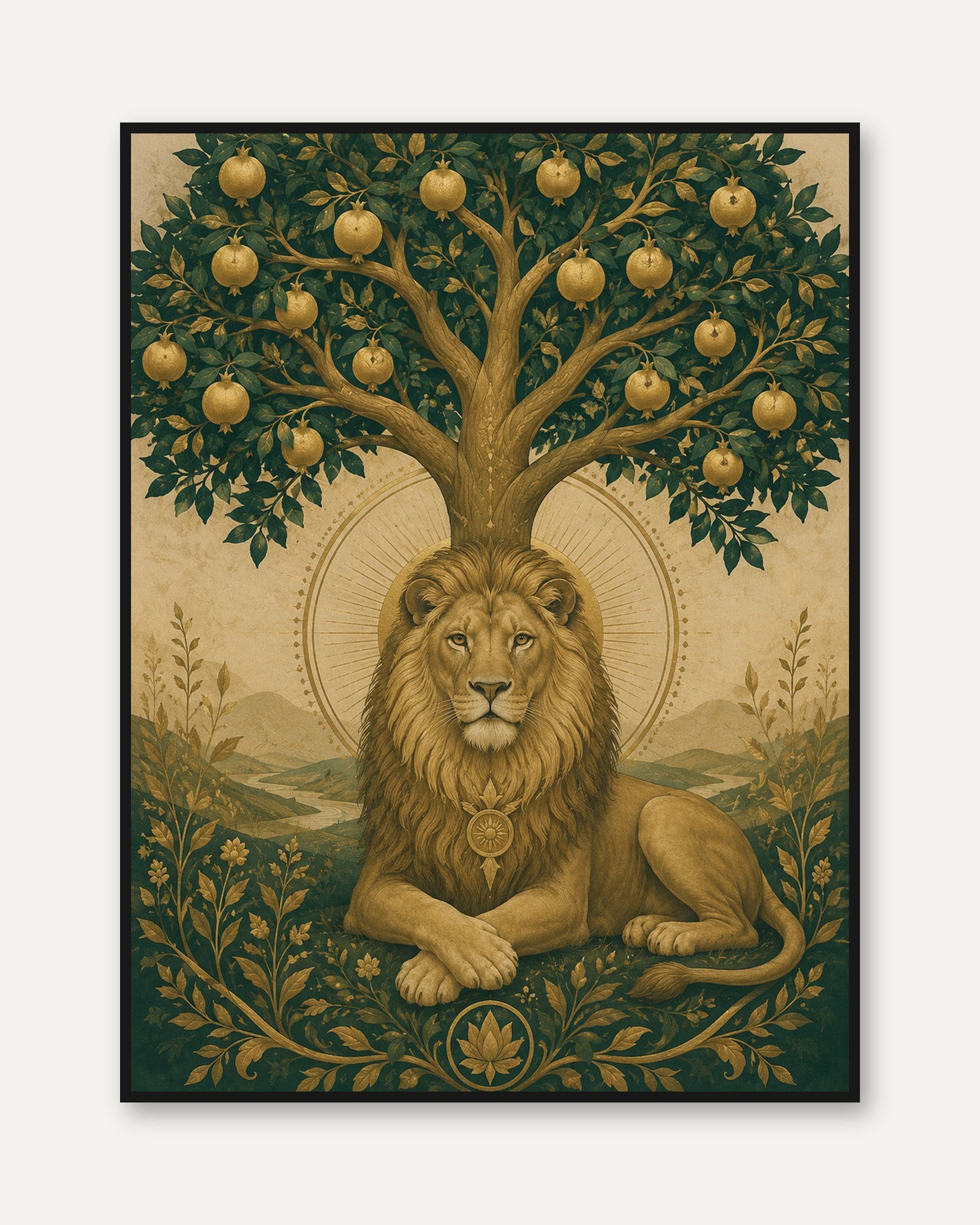 Medieval Lion Wall Art – Tree of Life Print - framed