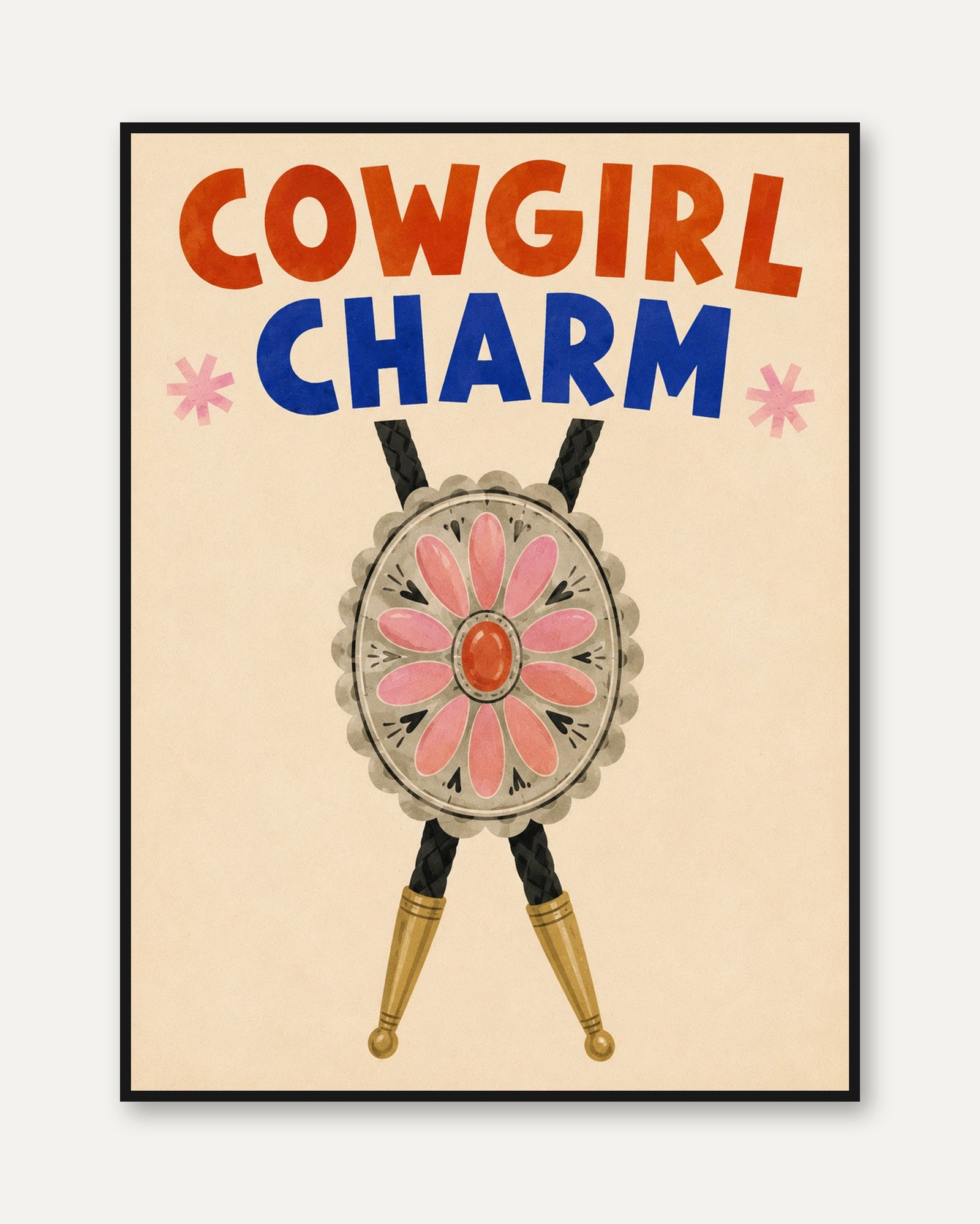 Cowgirl Charm Bolo Tie Print: Vintage Western Folk Art Poster - framed