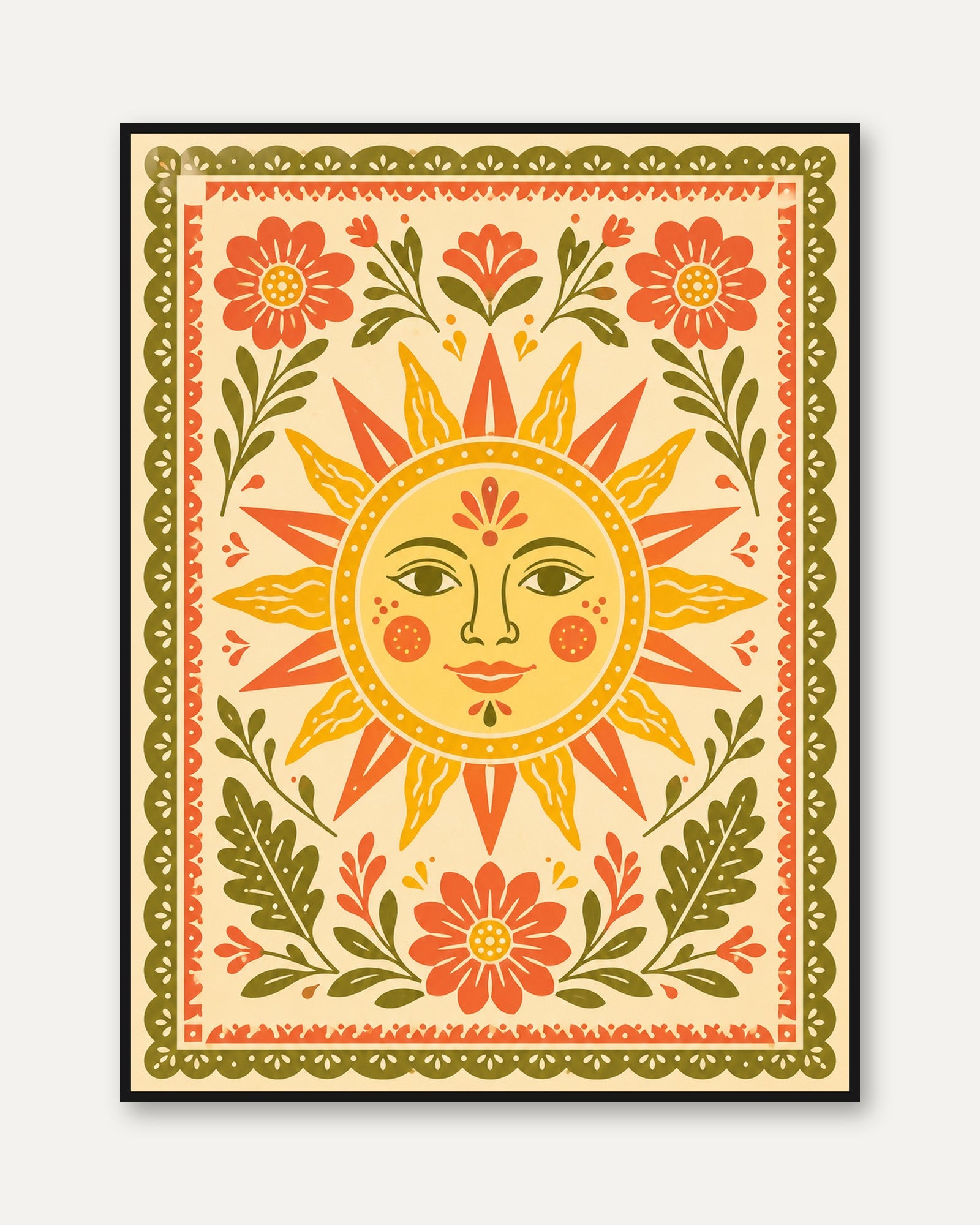 Folk Art Sun Print – Floral Wall Art - framed