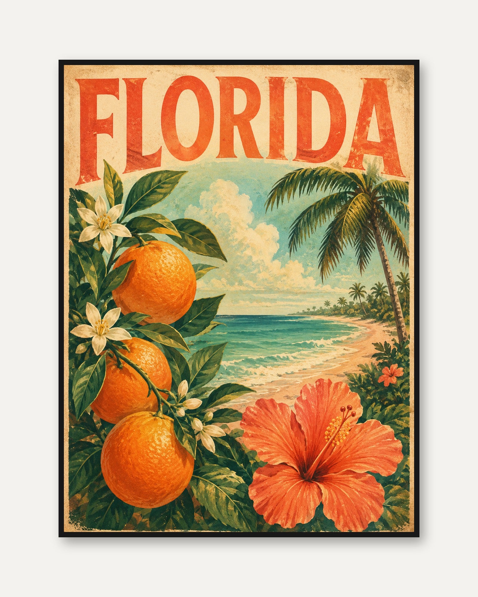 Florida Oranges Travel Poster: Vintage Tropical Beach Art Print - framed