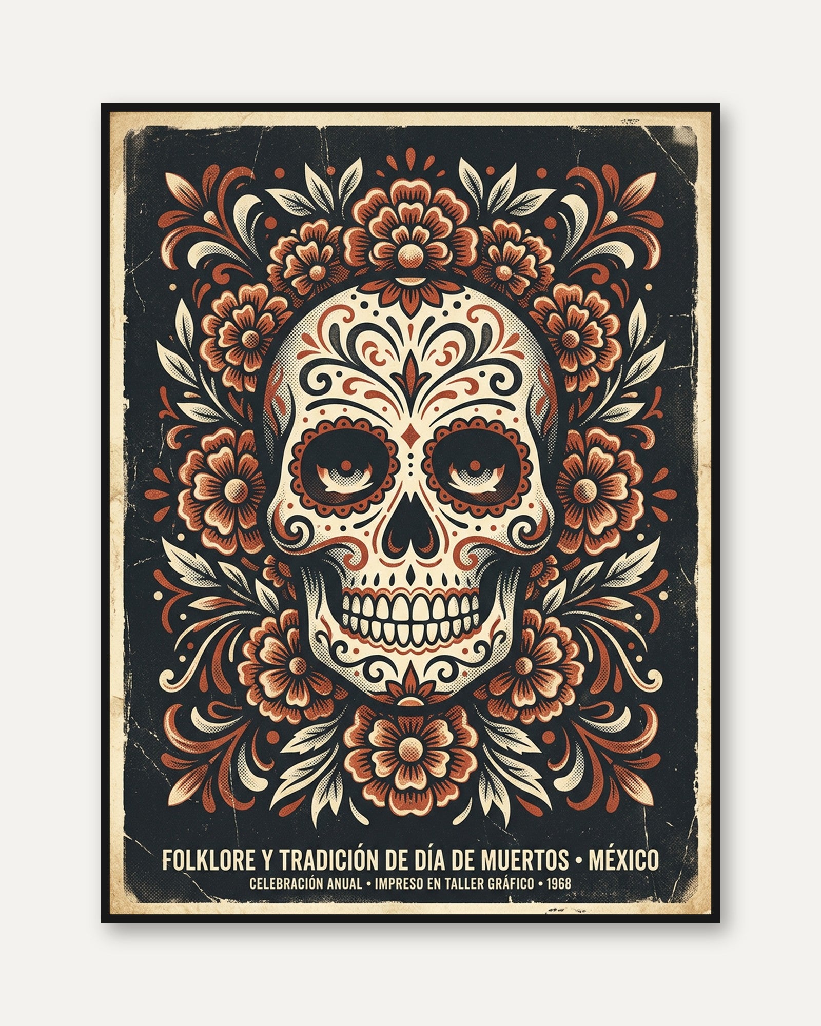 Día de Muertos Sugar Skull Print — Mexican Folk Art - framed