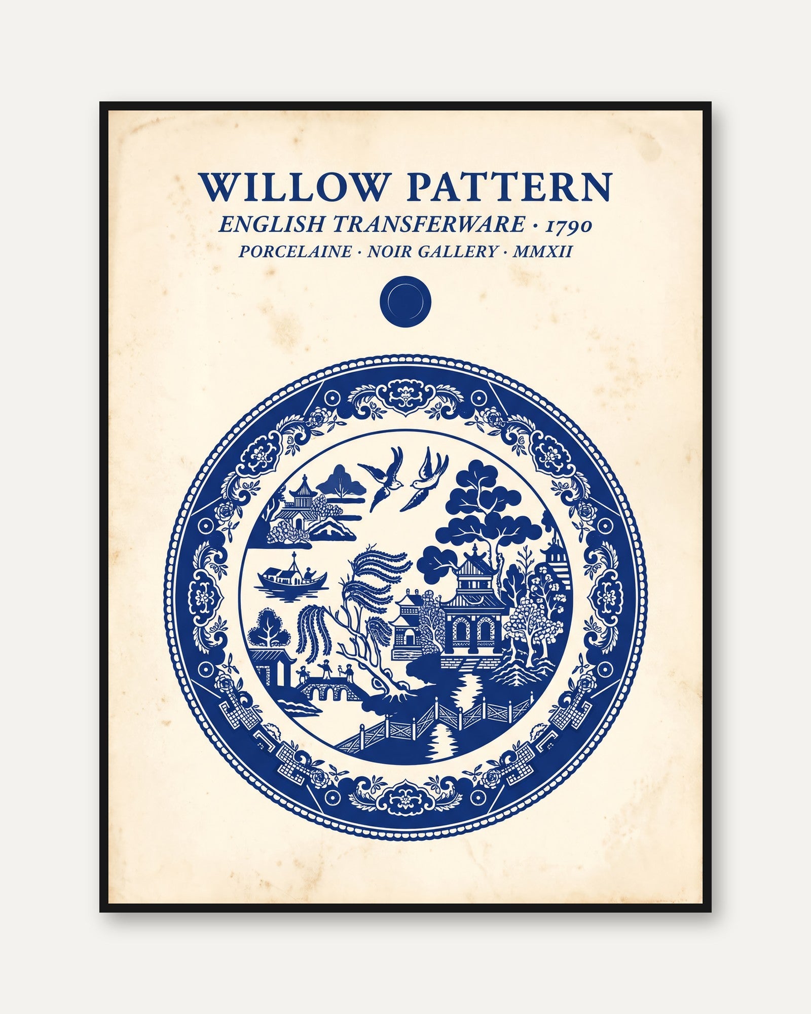 Willow Pattern Plate Print: Blue White Chinoiserie Art - framed