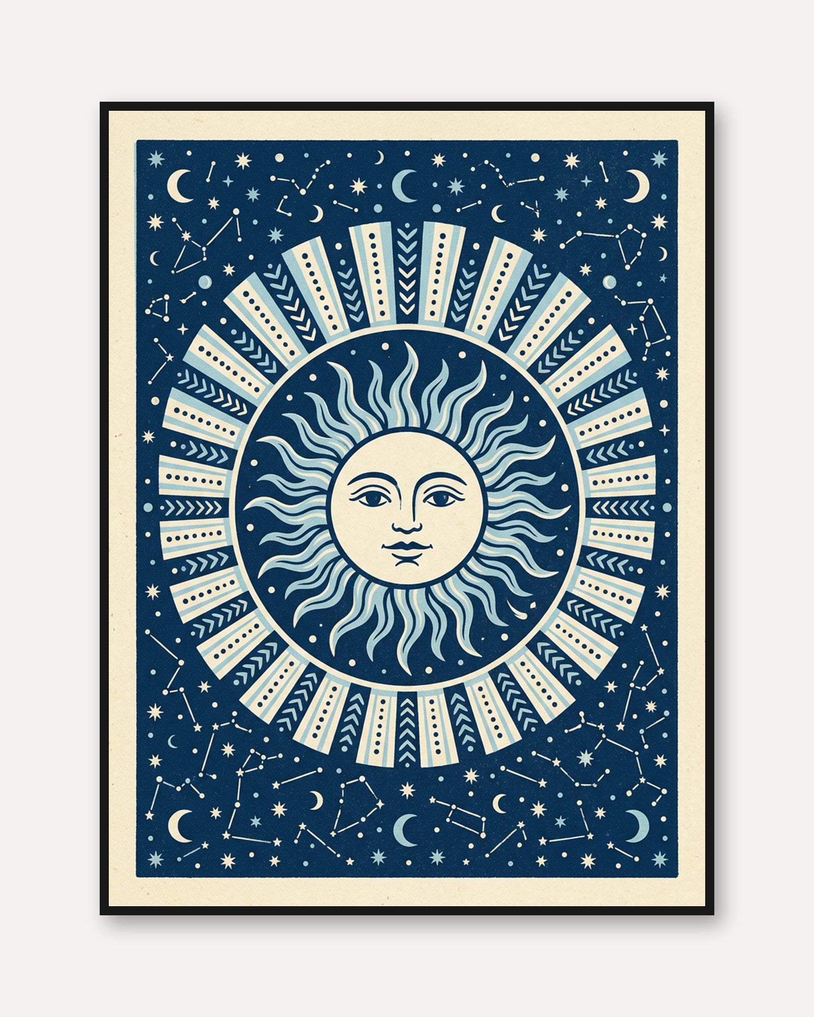 Celestial Sun Face Art Print: Blue Folk Pattern with Stars - framed