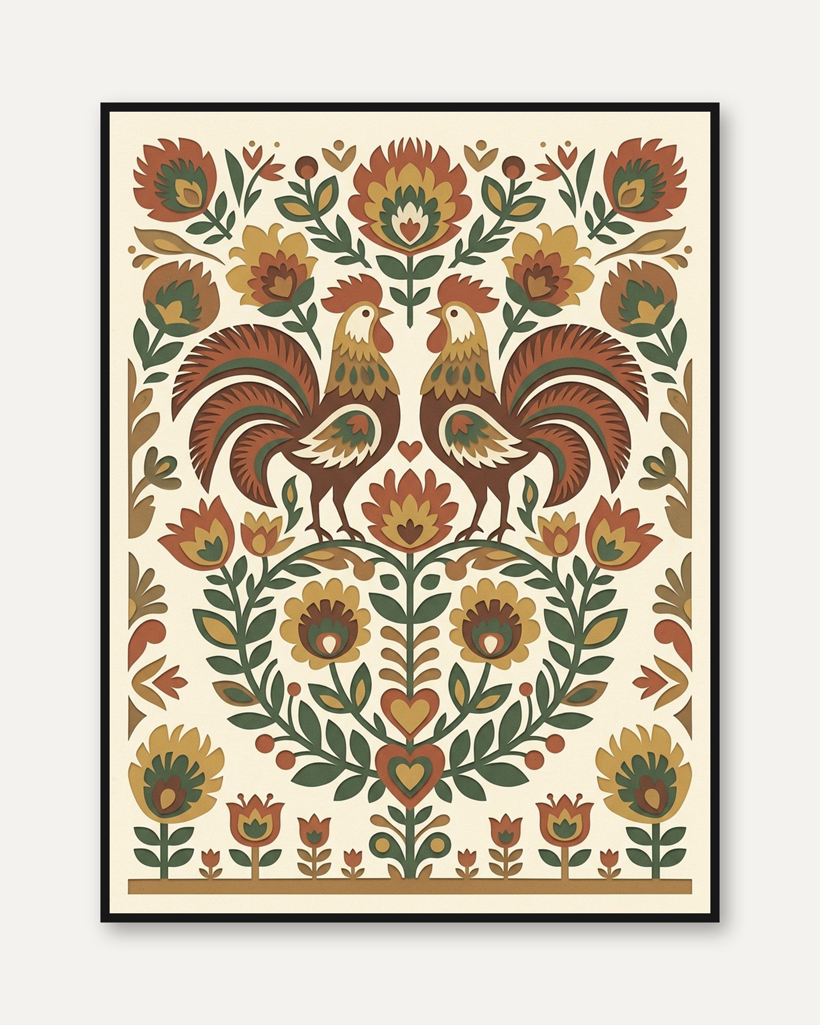 Folk Art Rooster Print: Symmetrical Floral Design in Earth Tones - framed