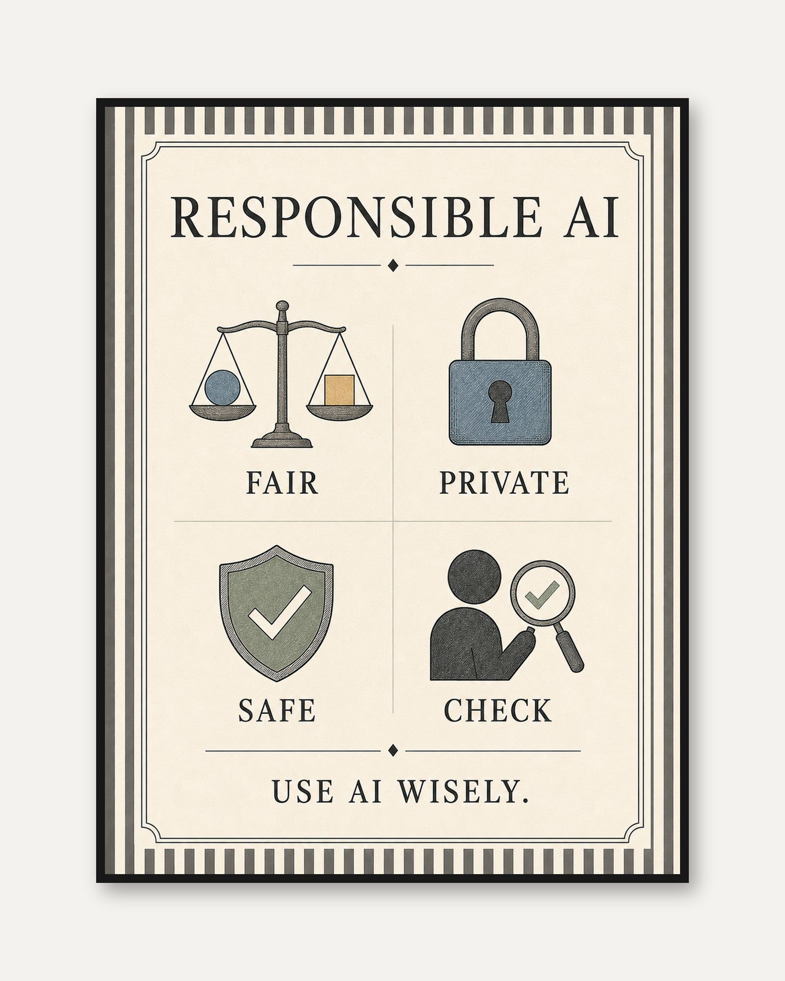 Responsible AI Poster: Vintage Educational Infographic Wall Art - framed
