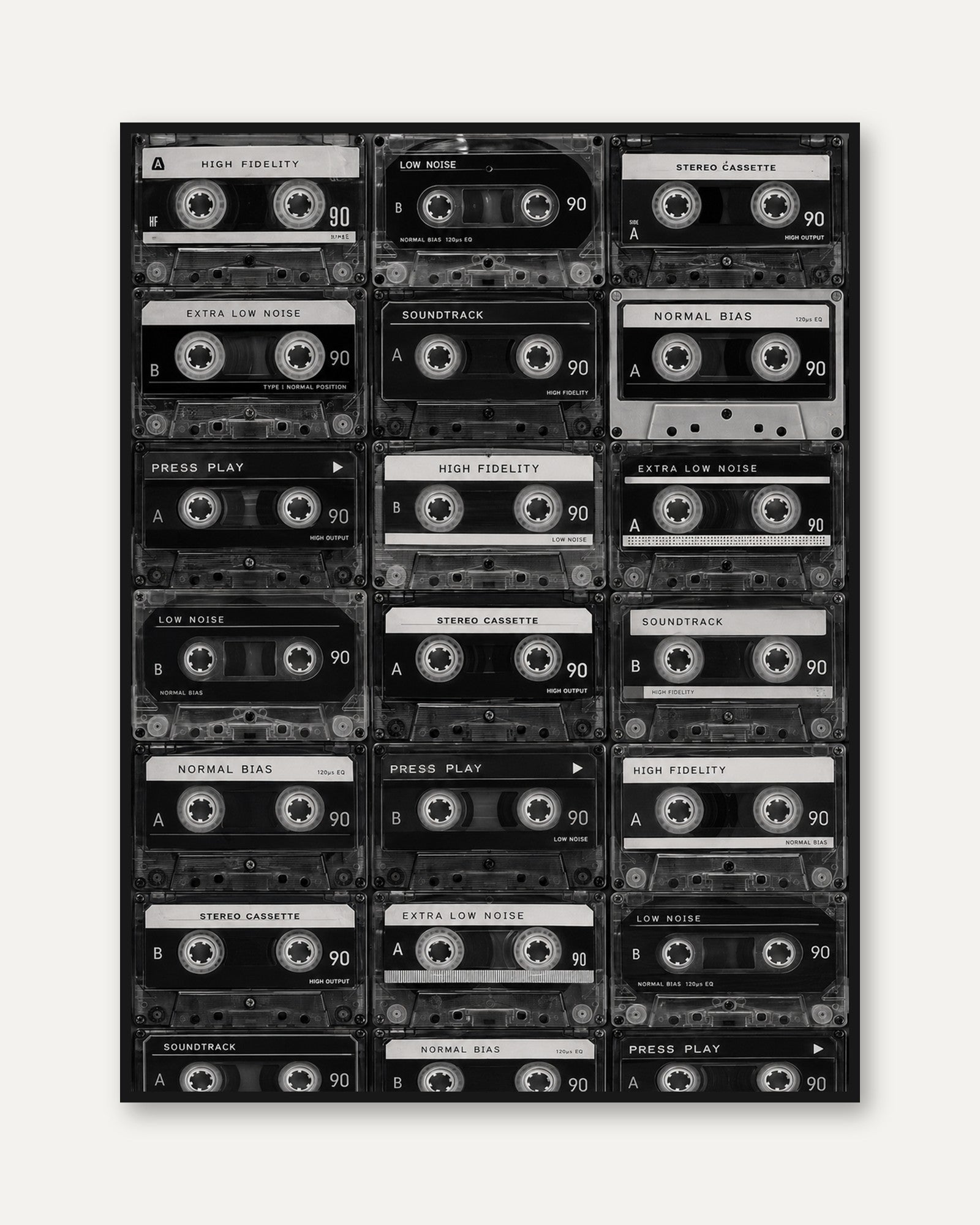 Cassette Tape Print: Nostalgic 90s Music Art (Black & White) - framed