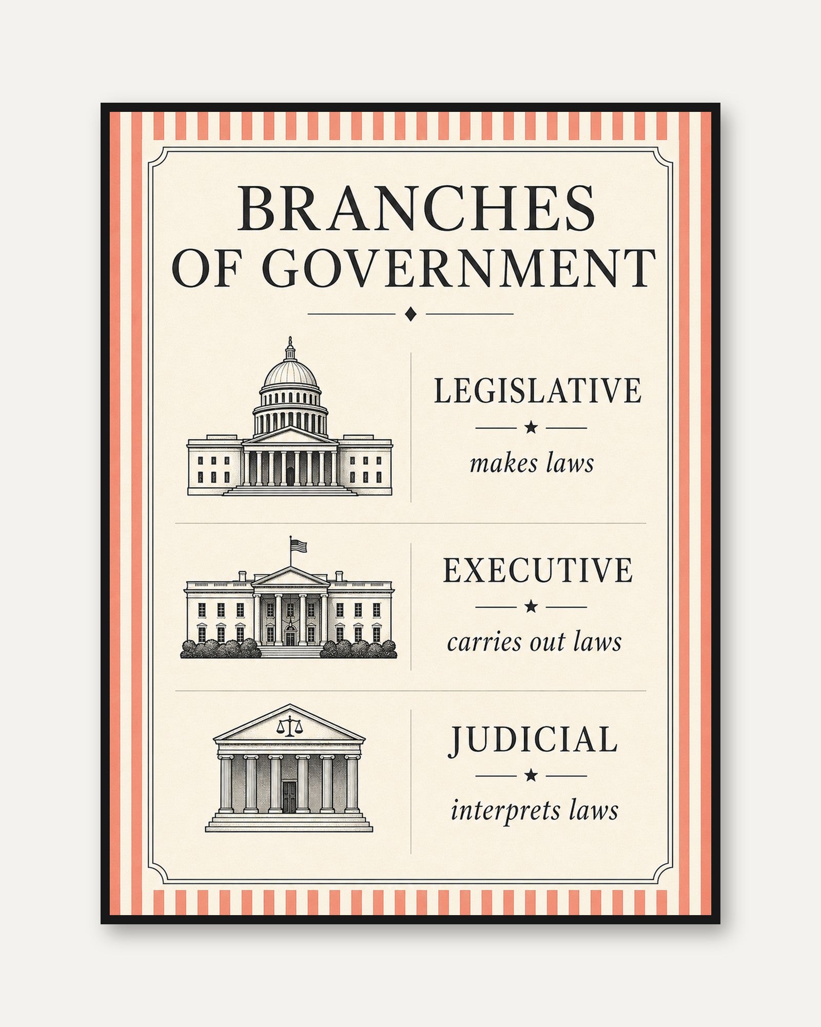 Branches of Government Educational Poster: Vintage Civics Print - framed