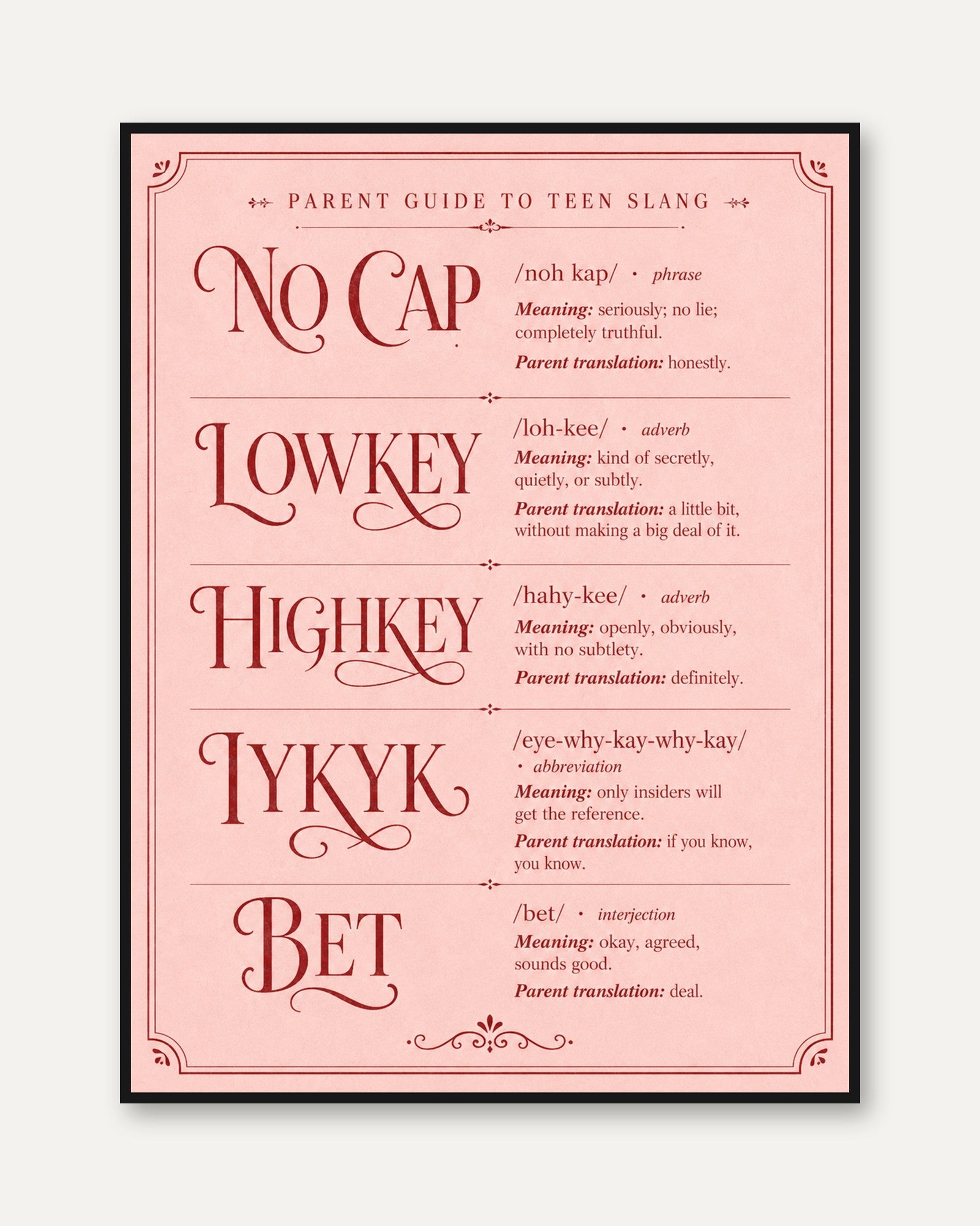 Teen Slang Guide Print: Vintage Pink Typography Poster - framed
