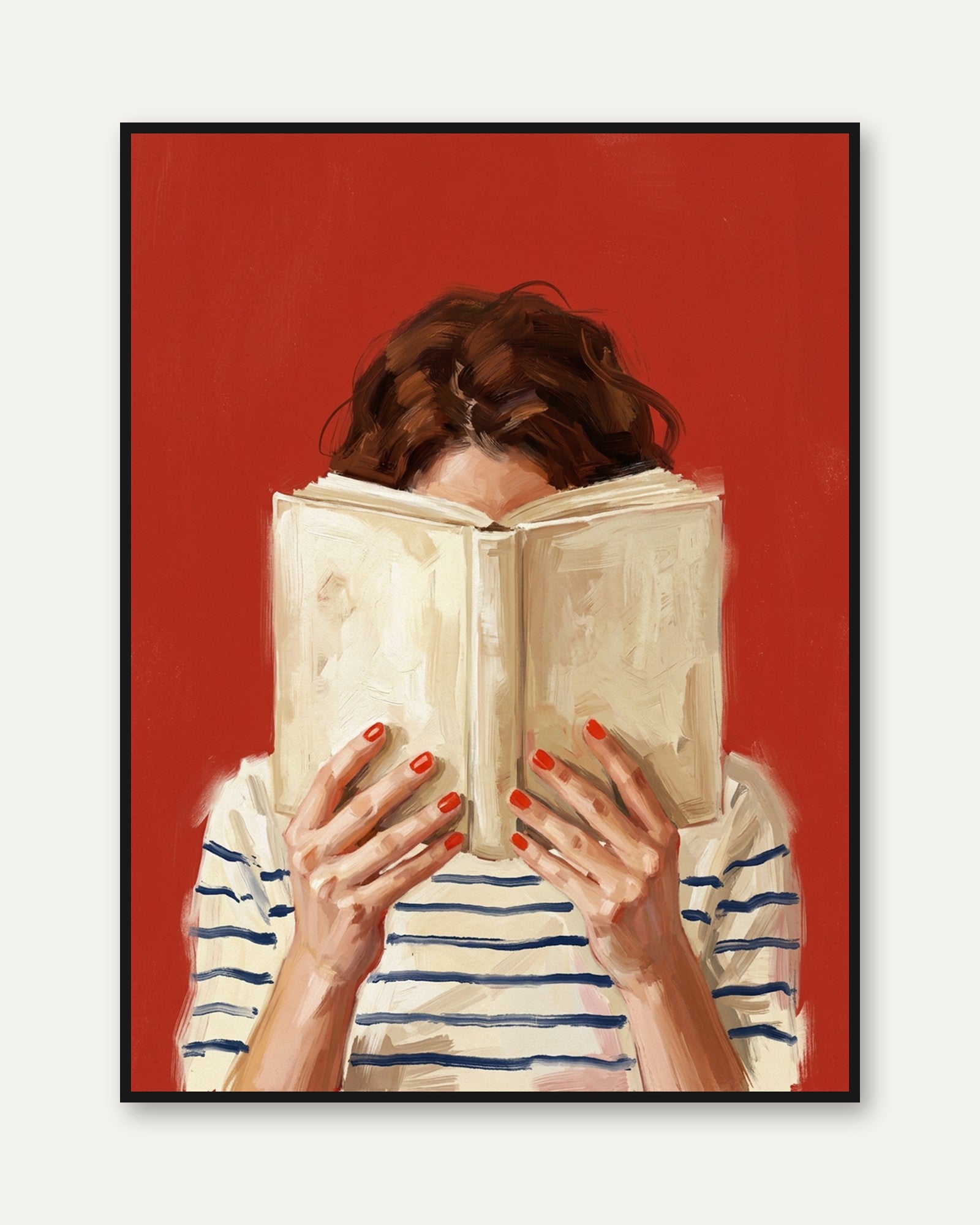 Woman Reading Book Art Print: Contemporary Red Background Portrait - framed