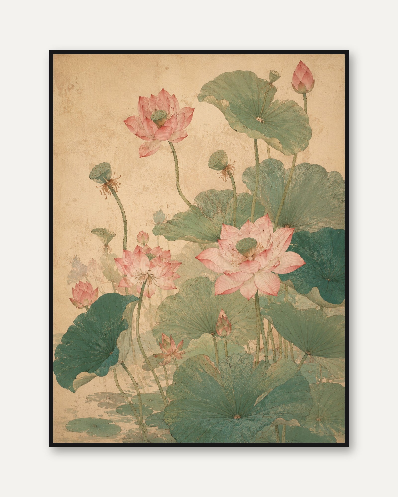 Pink Lotus Flowers Art Print: Vintage Asian Botanical Painting - framed