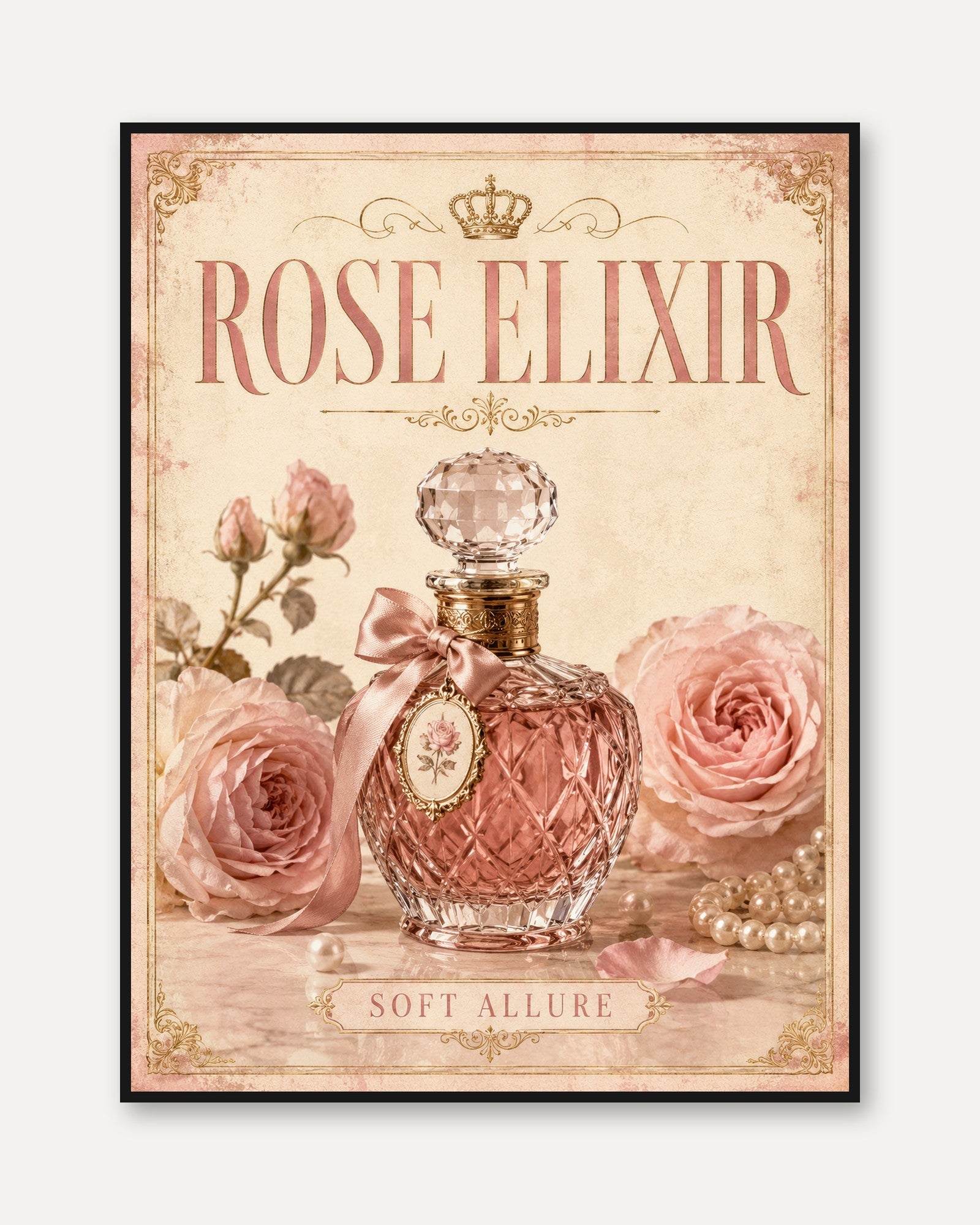 Vintage Perfume Bottle Print — Rose Elixir French Advertisement - framed