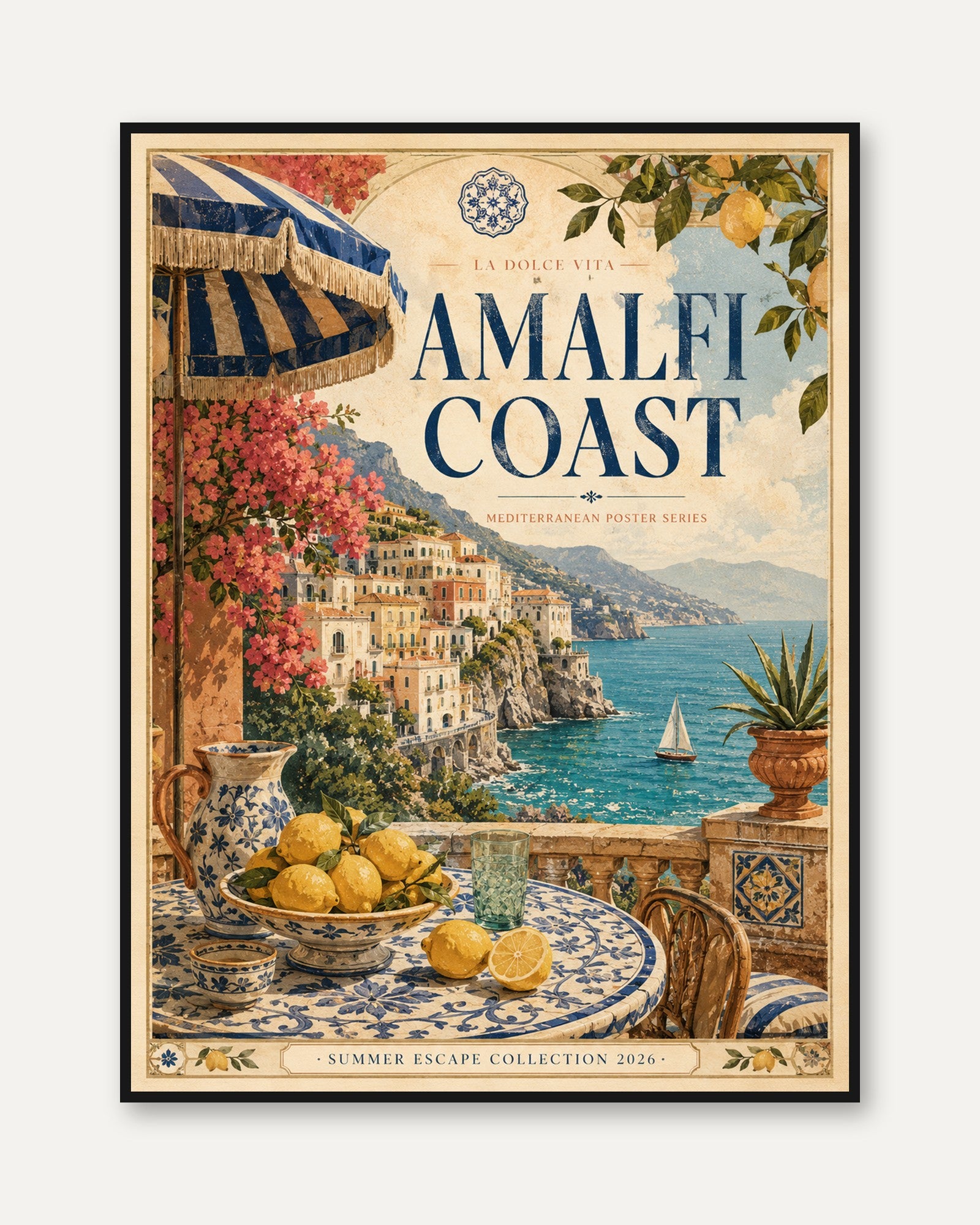 Amalfi Coast Vintage Travel Poster — Italian Riviera Print - framed