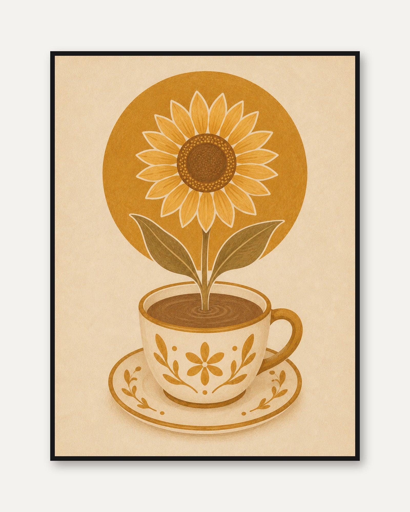 Sunflower Coffee Cup Art Print: Retro Botanical Kitchen Poster - framed