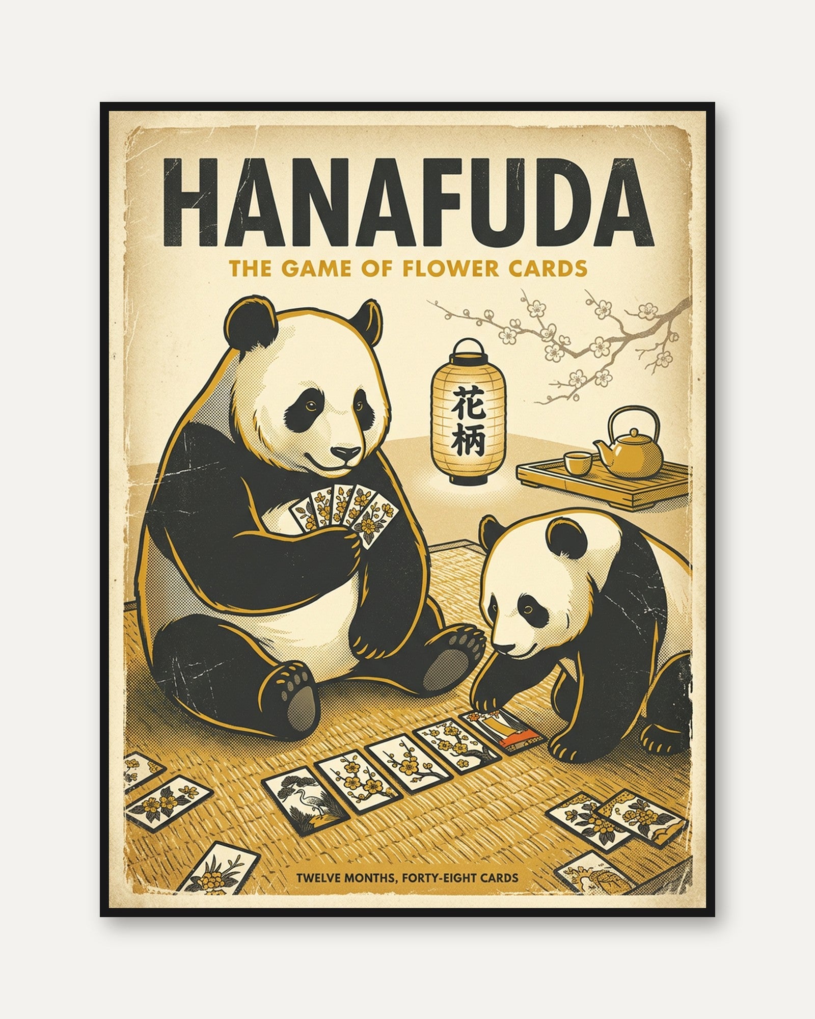 Hanafuda Pandas Playing Cards Art Print: Vintage Japanese Style - framed