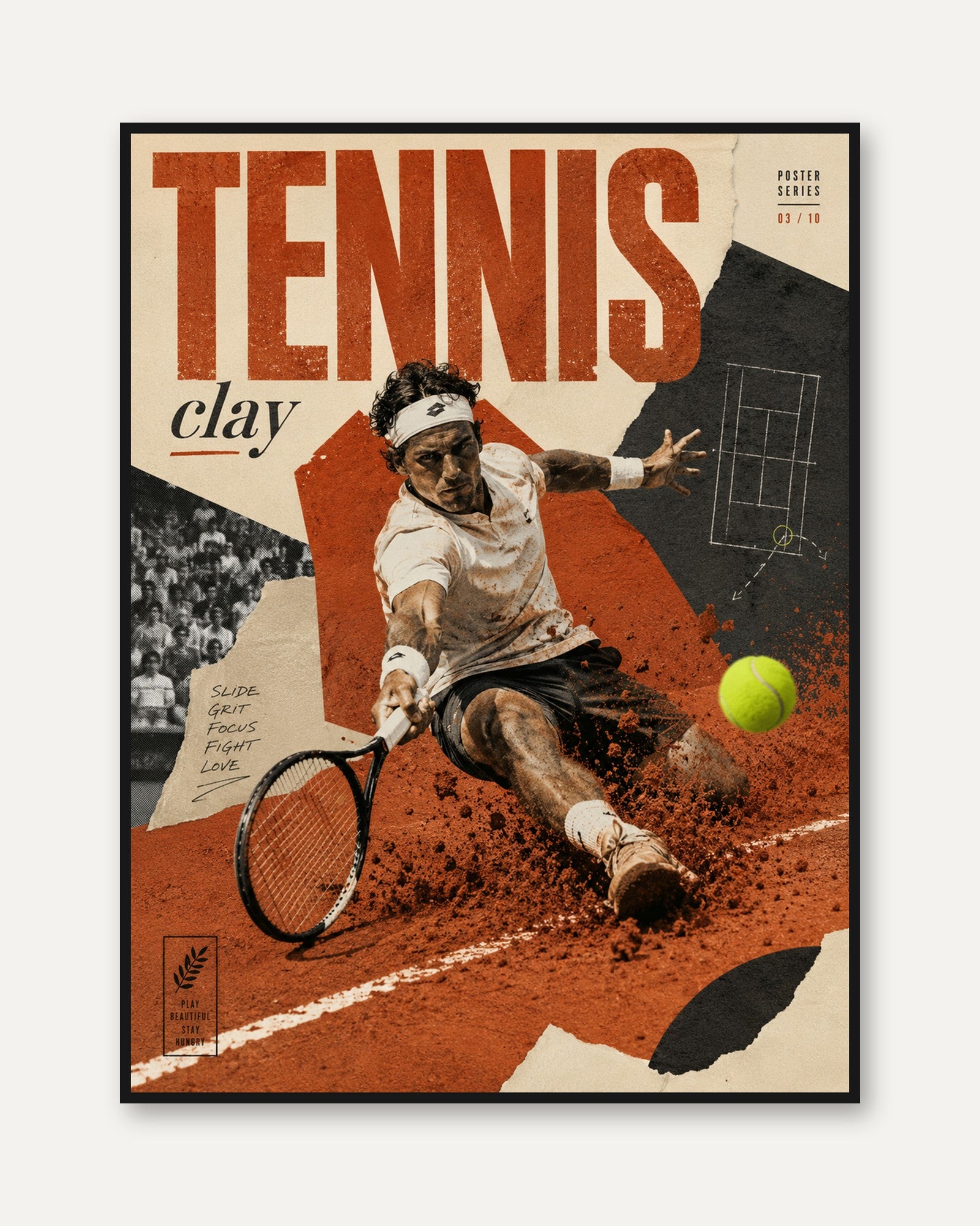 Vintage Tennis Poster: Clay Court Sports Collage Wall Art - framed