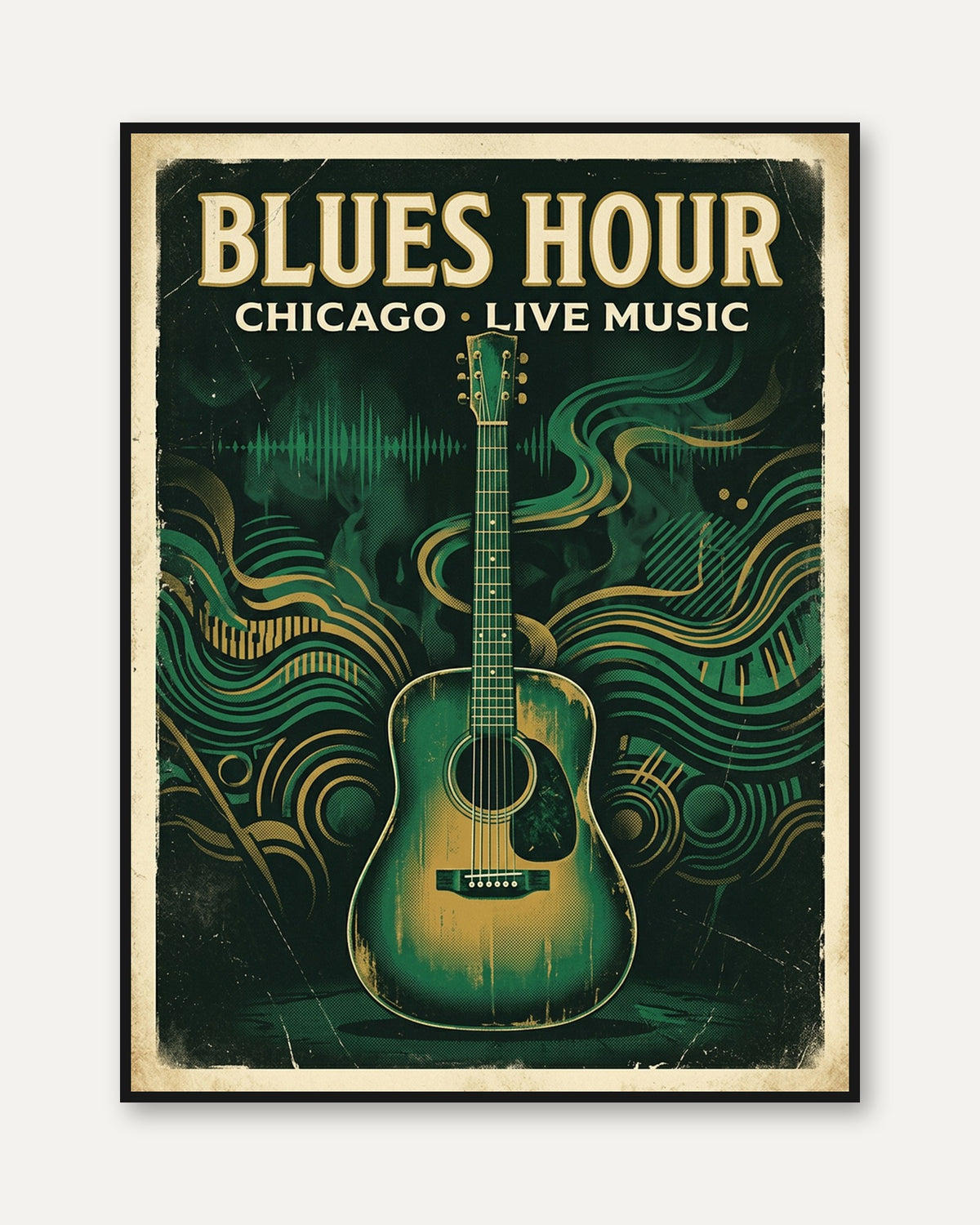 Blues Hour Chicago Print — Vintage Guitar Poster - framed