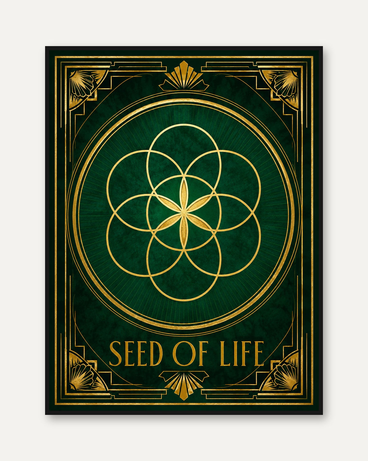 Seed of Life Wall Art: Modern Spiritual Geometry (Gold & Green) - framed