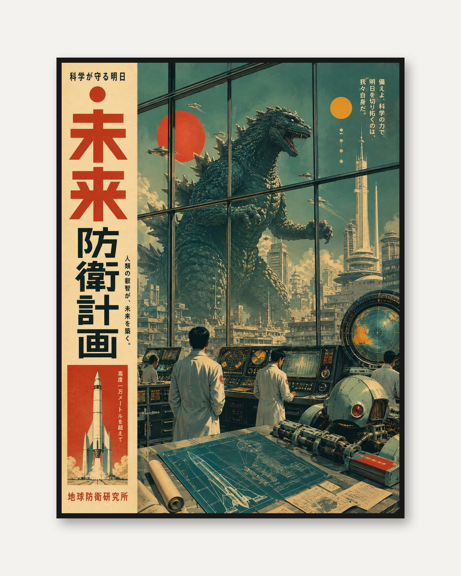 Japanese Monster Poster – Vintage Tokyo Cityscape - framed