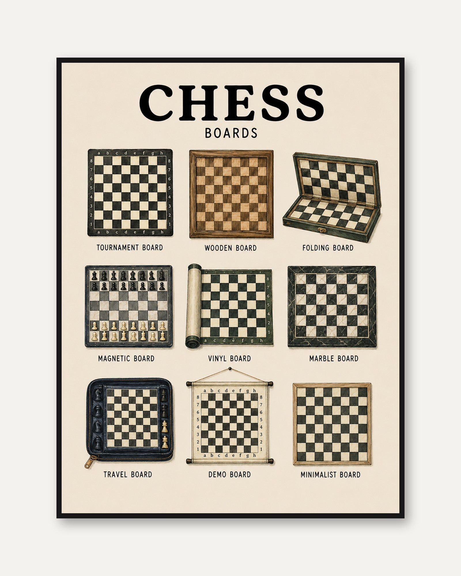 Chess Board Types Print — Educational Reference Chart - framed